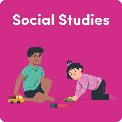 Illustration of a boy and girl playing with toy cars on a pink background, with the text 'Social studies' at the top.