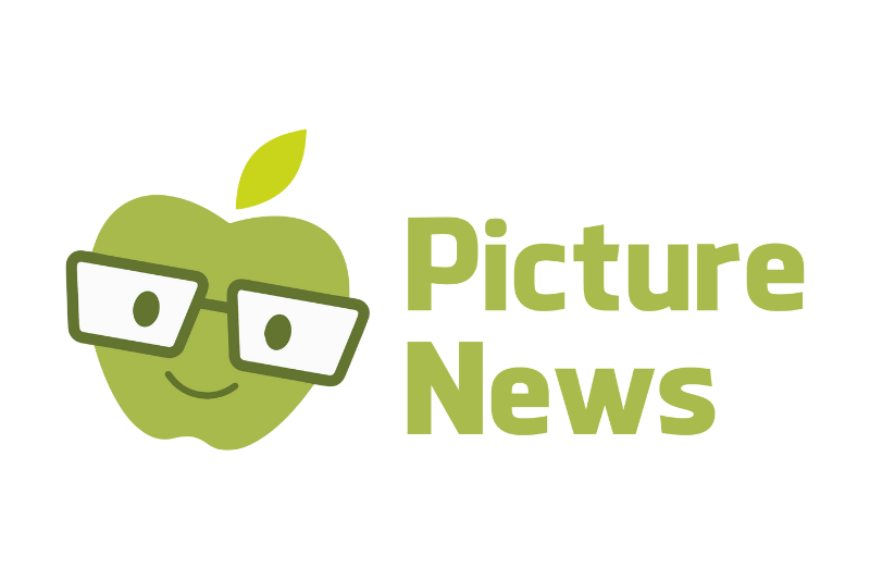 A green apple with glasses and a smiling face next to the text 'Picture News' in green letters.