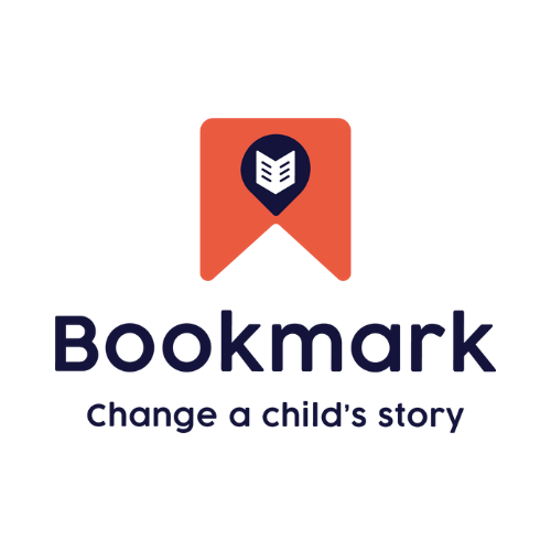 Logo with book icon inside a bookmark shape and the words 'Bookmark: Change a child's story'.
