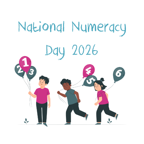 Cartoon images of 3 children carrying balloons that have the numbers 1 to 6 on them and text that says National Numeracy Day 2026.