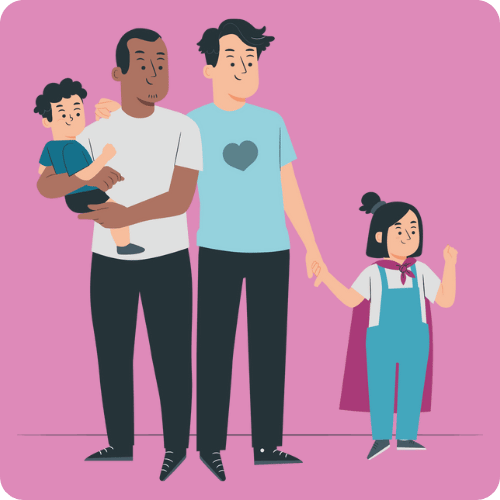 Illustration of two adults, one is holding a small child in their arms, the other is holding hands with a child. They are all smiling.