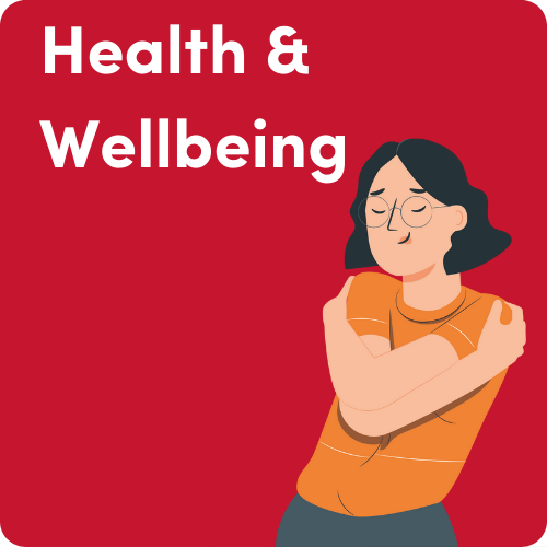 Illustration of a woman hugging herself with the text "Health and Wellbeing" in the top left corner.