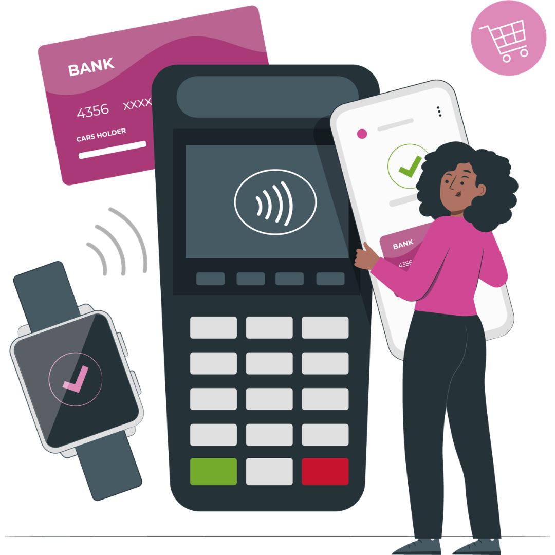 A young woman holds a mobile phone and is surrounded by a card payment terminal, a smart watch, a debit card and a shopping trolley.