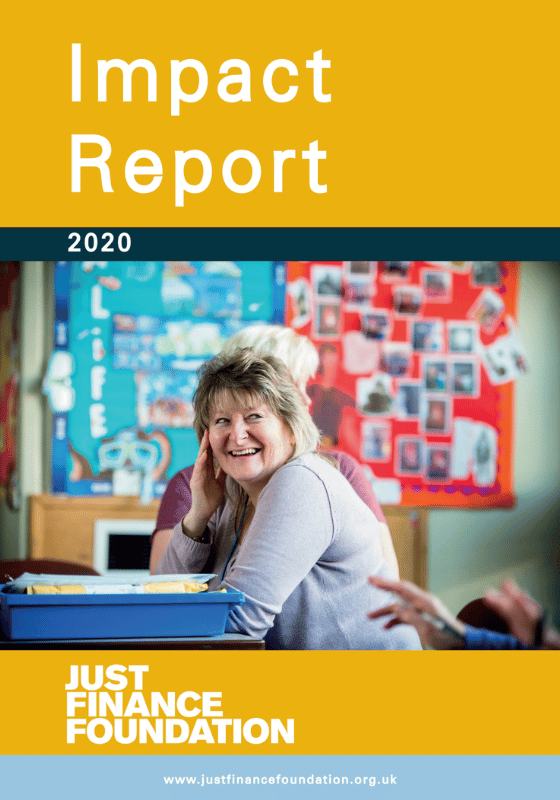Front cover page of the 2020 Impact Report for Just Finance Foundation. It is yellow in colour with a smiling woman with short hair as the main image.