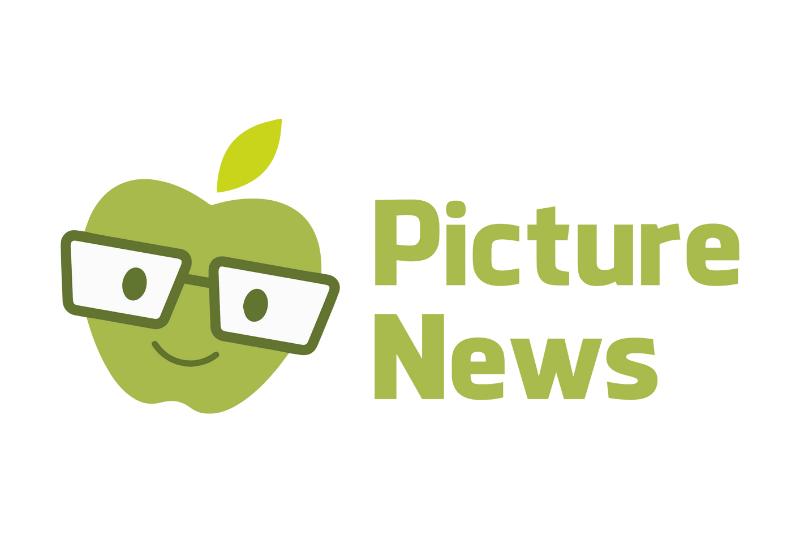 A green apple with a leaf and wearing black glasses, smiling next to the text 'Picture News' in green.