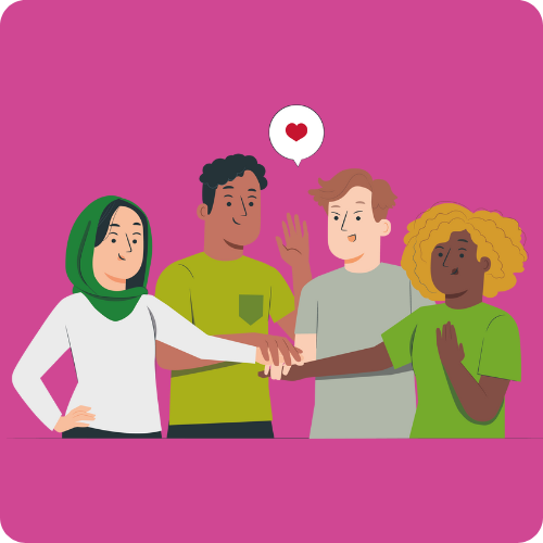 Illustration of a woman wearing a headscarf, a man waving, a man wearing a tee shirt, and a woman waving. They are all joining hands as a team