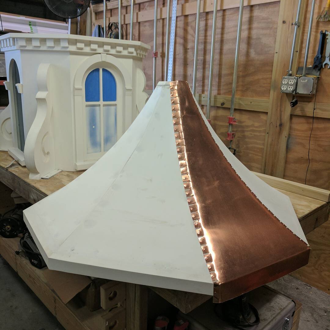 First bit of #copperroof was applied today to the #cupola project. Can't wait till it starts to tarnish! #versatex #pvccupola