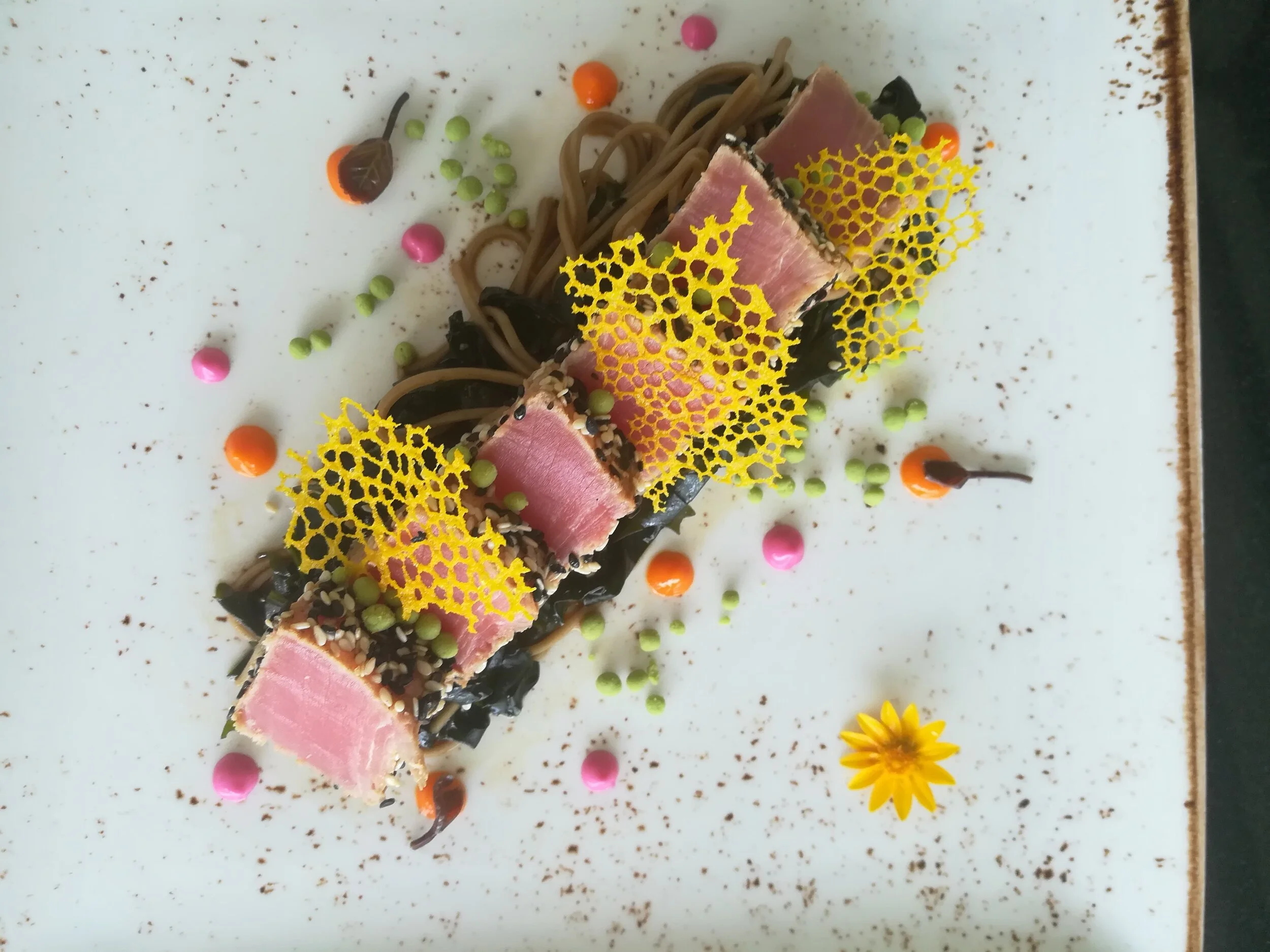 Sesame crusted saku tuna with wakeme.jpg