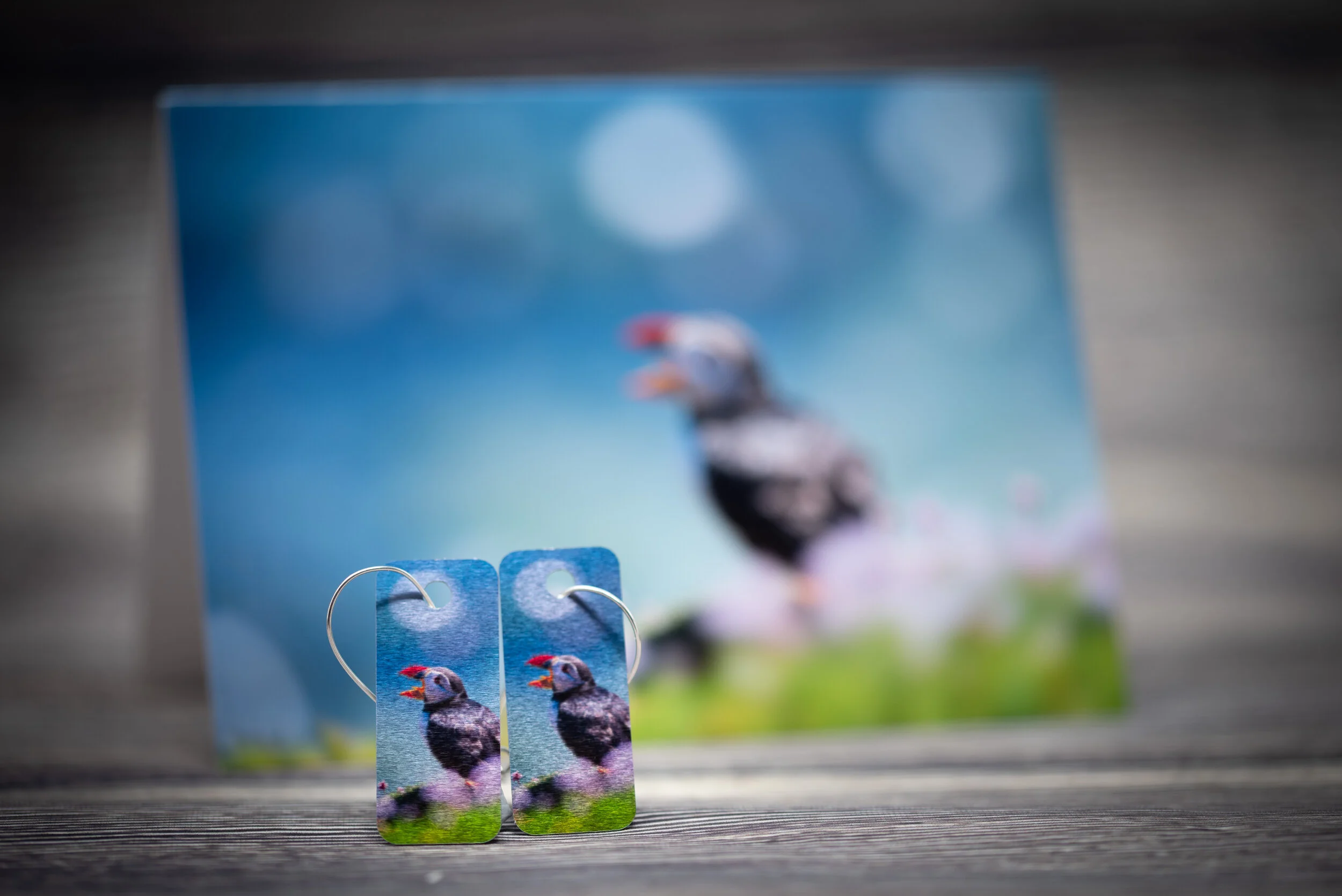 Puffin Aluminium Dangle Earring with matching postcard