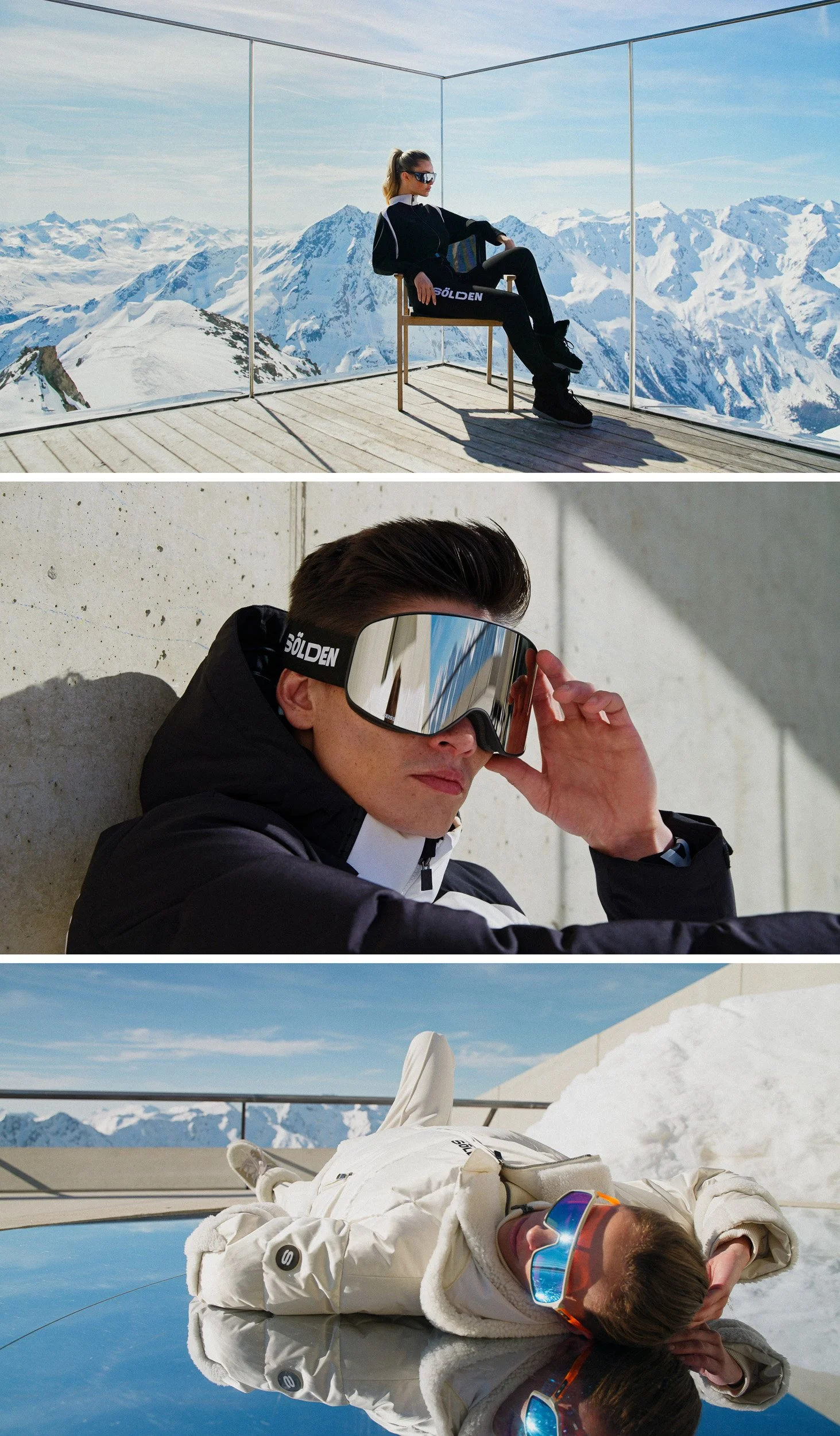 Three people in winter clothing with ski goggles on a snowy mountain, with snow-capped peaks in the background.