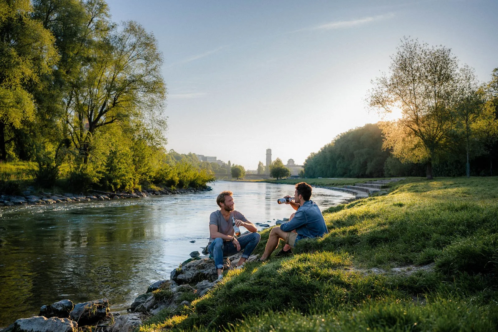 Two men sitting on rocks near a river, enjoying drinks in the late afternoon or early evening sunlight, with trees and buildings in the background.