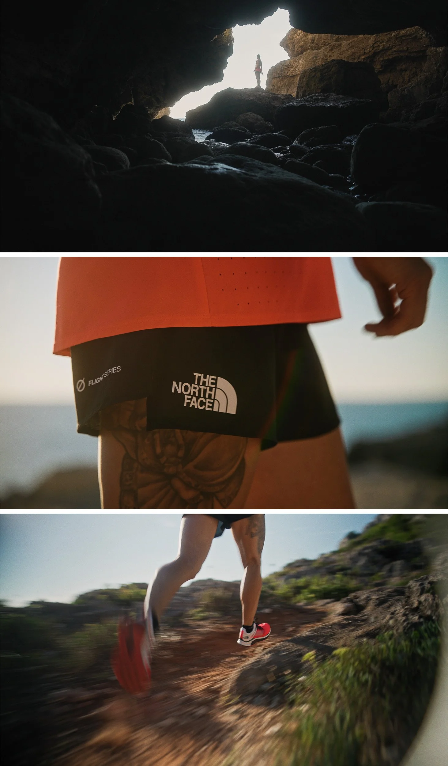 The first image shows a person standing at the entrance of a dark cave, with sunlight illuminating the cave opening. The second image features a close-up of a person wearing athletic shorts with North Face branding, standing outdoors near a body of w