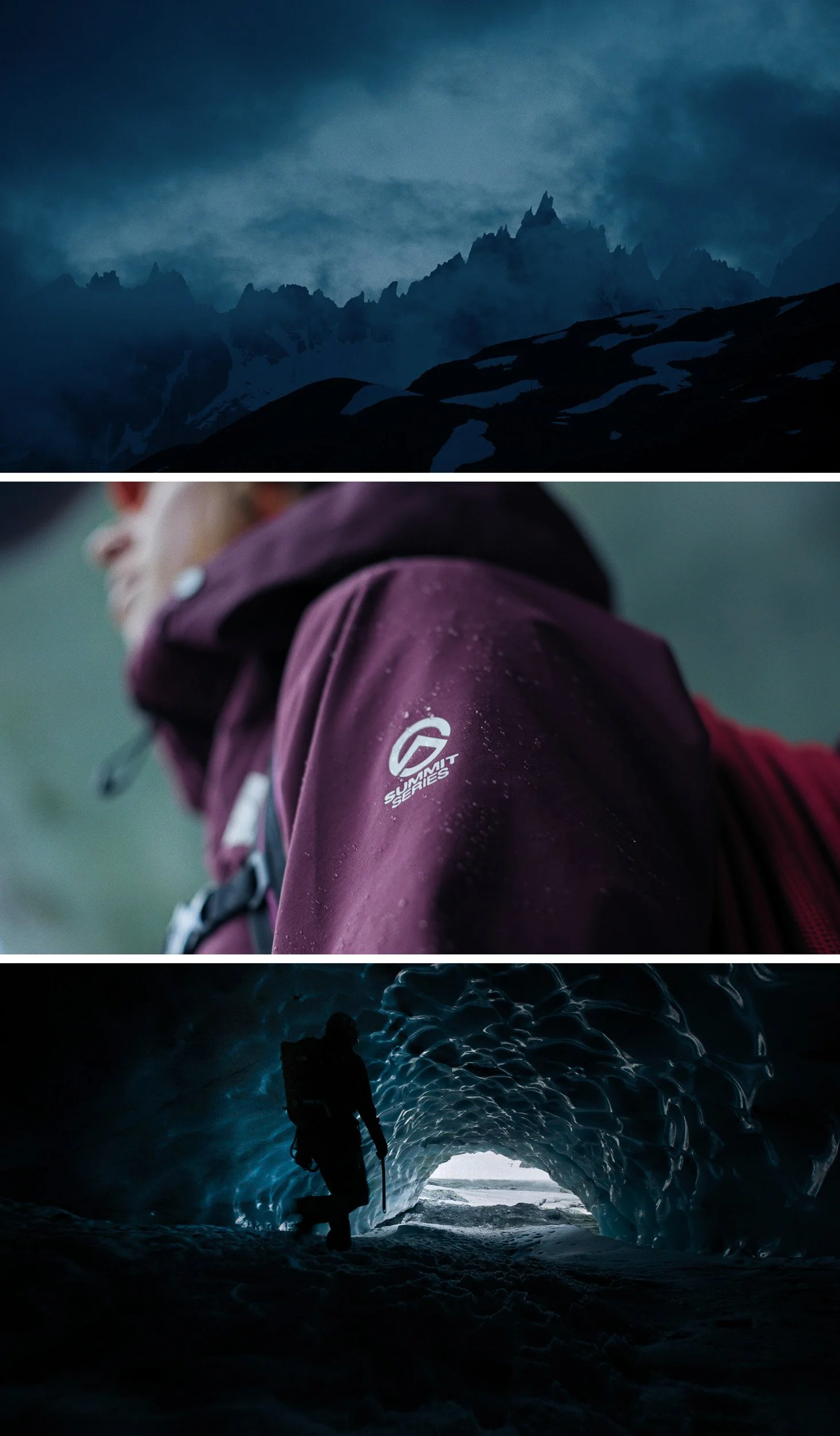 A mountain landscape with dark, rugged peaks under a cloudy sky, a person in a purple jacket with a Summit Series logo, and an ice cave with a hiker walking through it.