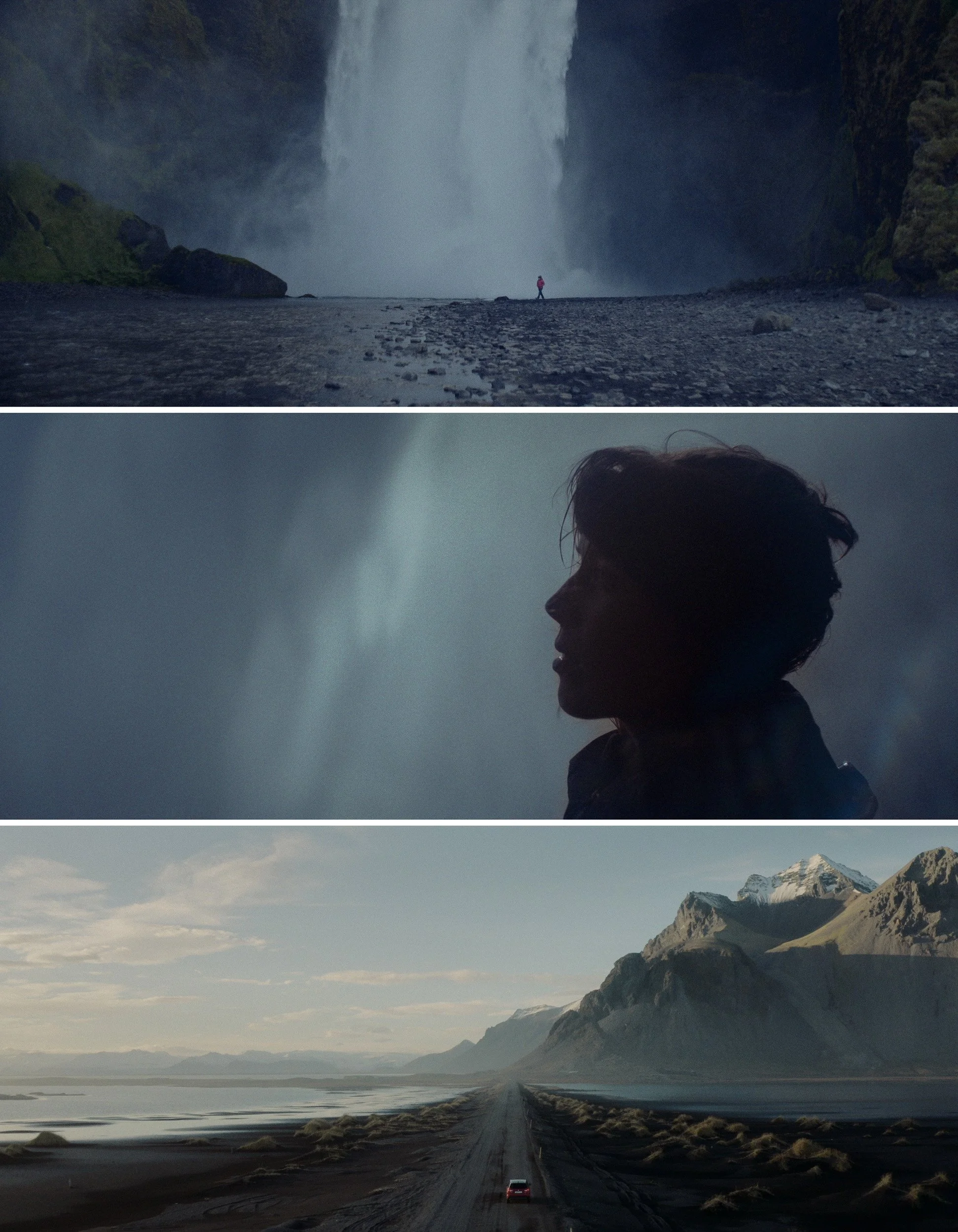 A triptych of landscape scenes including a person standing near a waterfall, a silhouette of a person with a misty waterfall in the background, and a mountain range with a road leading toward the mountains.