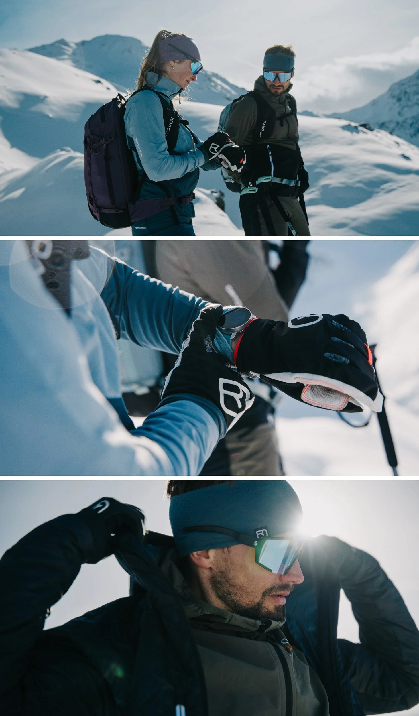 Three mountaineers preparing for a climb in a snowy mountain landscape, checking their gear and adjusting clothing, with mountains in the background.