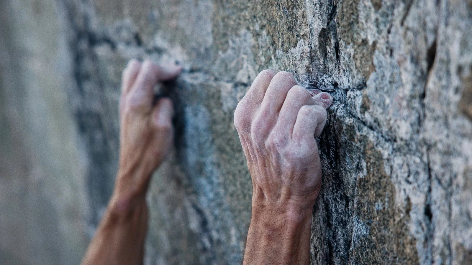Close-up of a person’s hands gripping a rock climbing wall.