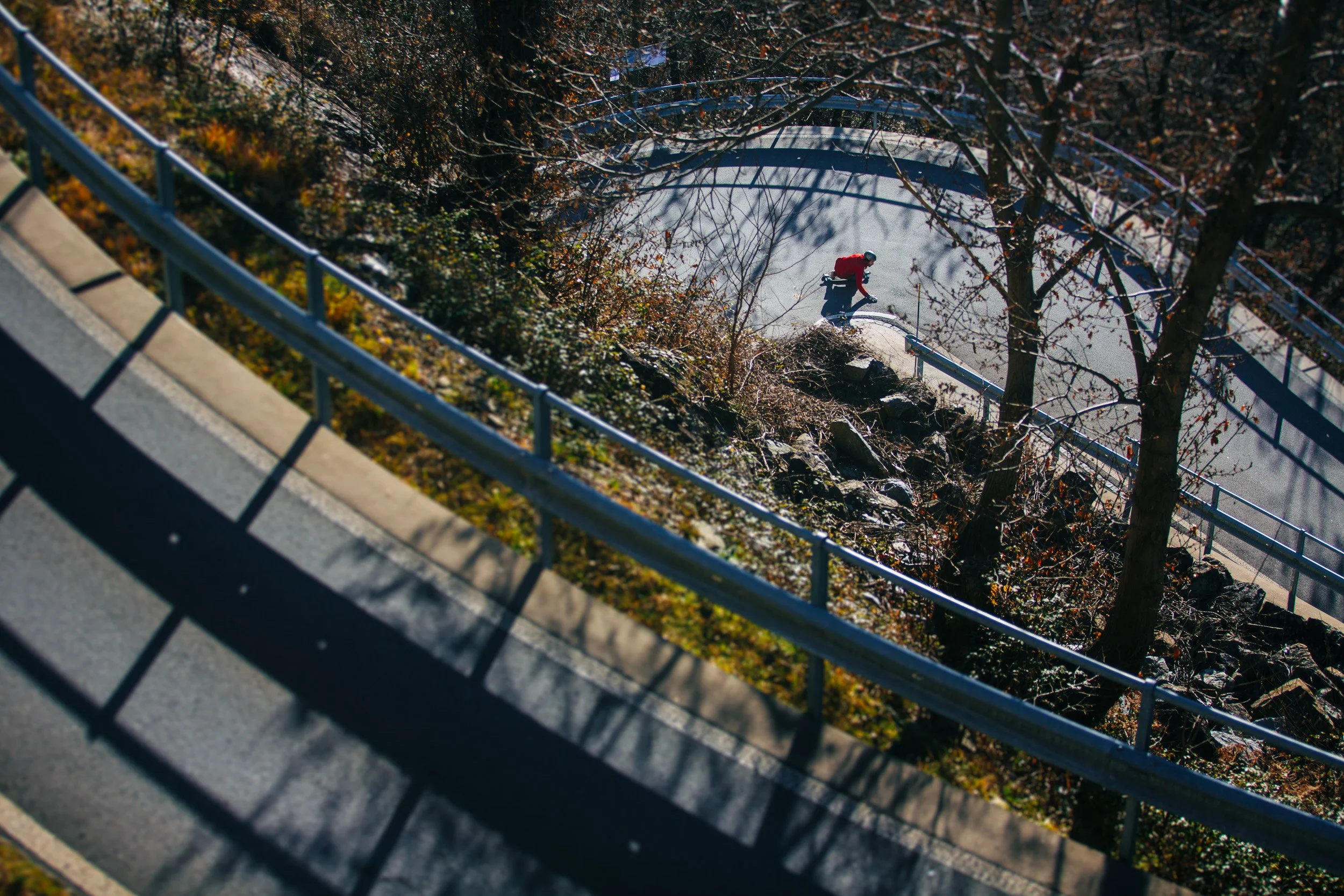 A person in a red jacket and helmet riding a skateboard down a curved sidewalk, viewed from above, with shadows of railings and trees cast on the pavement.