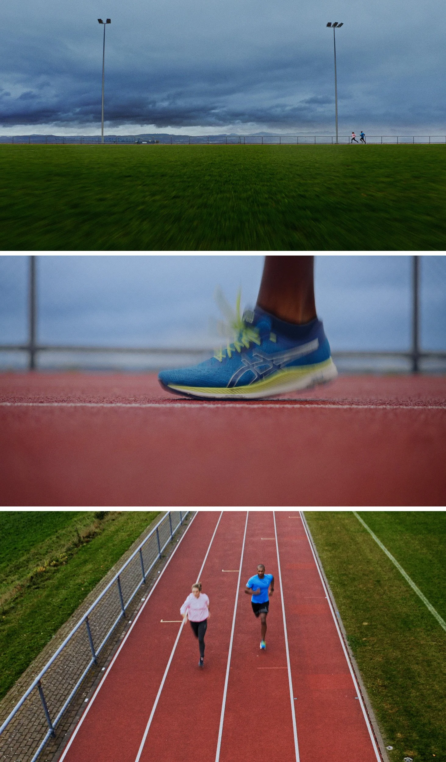 A collage of three images: the top shows two people jogging on an outdoor track under a cloudy sky, the middle features a close-up of a running shoe on the track, and the bottom captures two runners sprinting on the track from above.