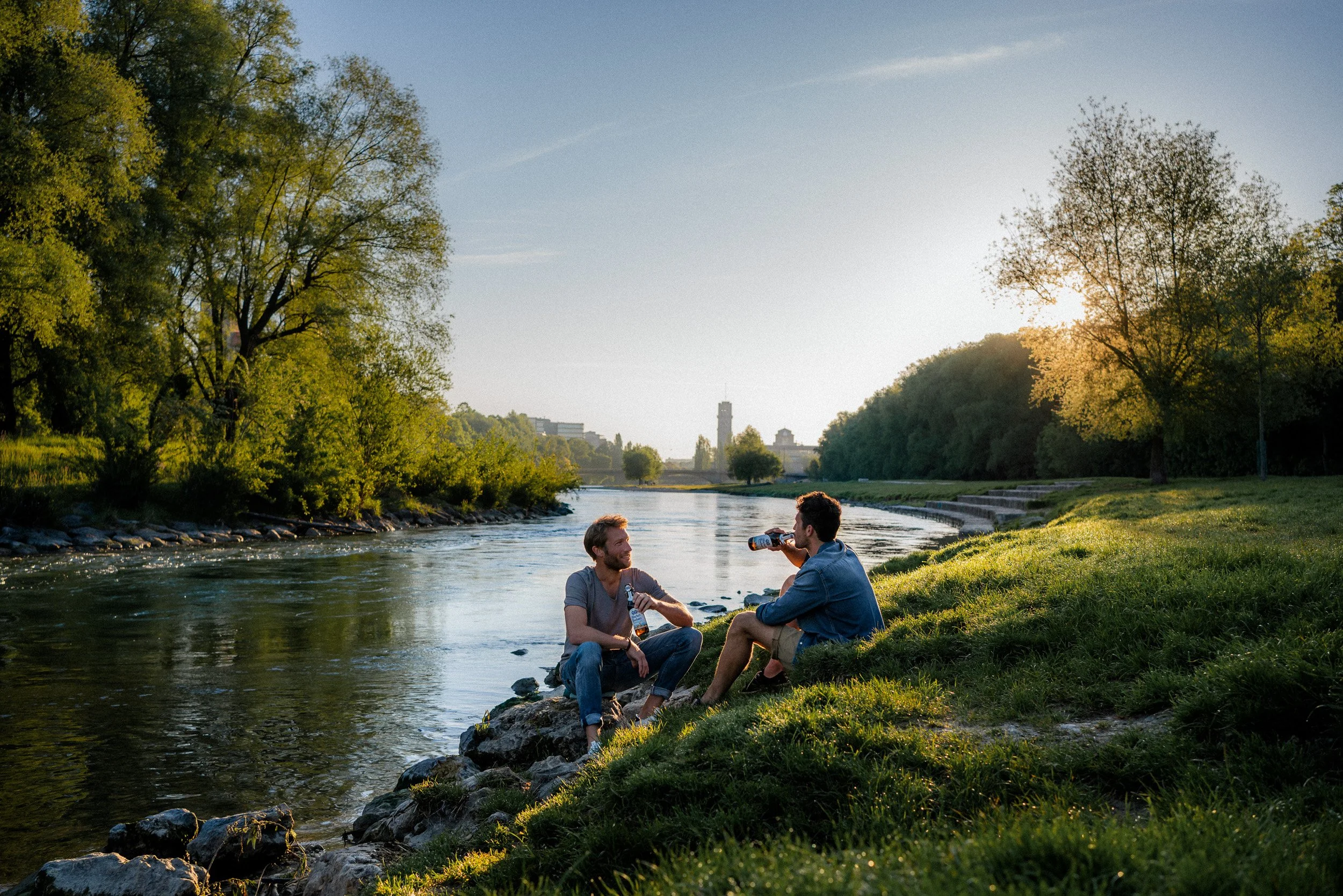 Two men sitting on rocks and grass by a river, drinking bottles of beer, with green trees and a city skyline in the background during sunset.