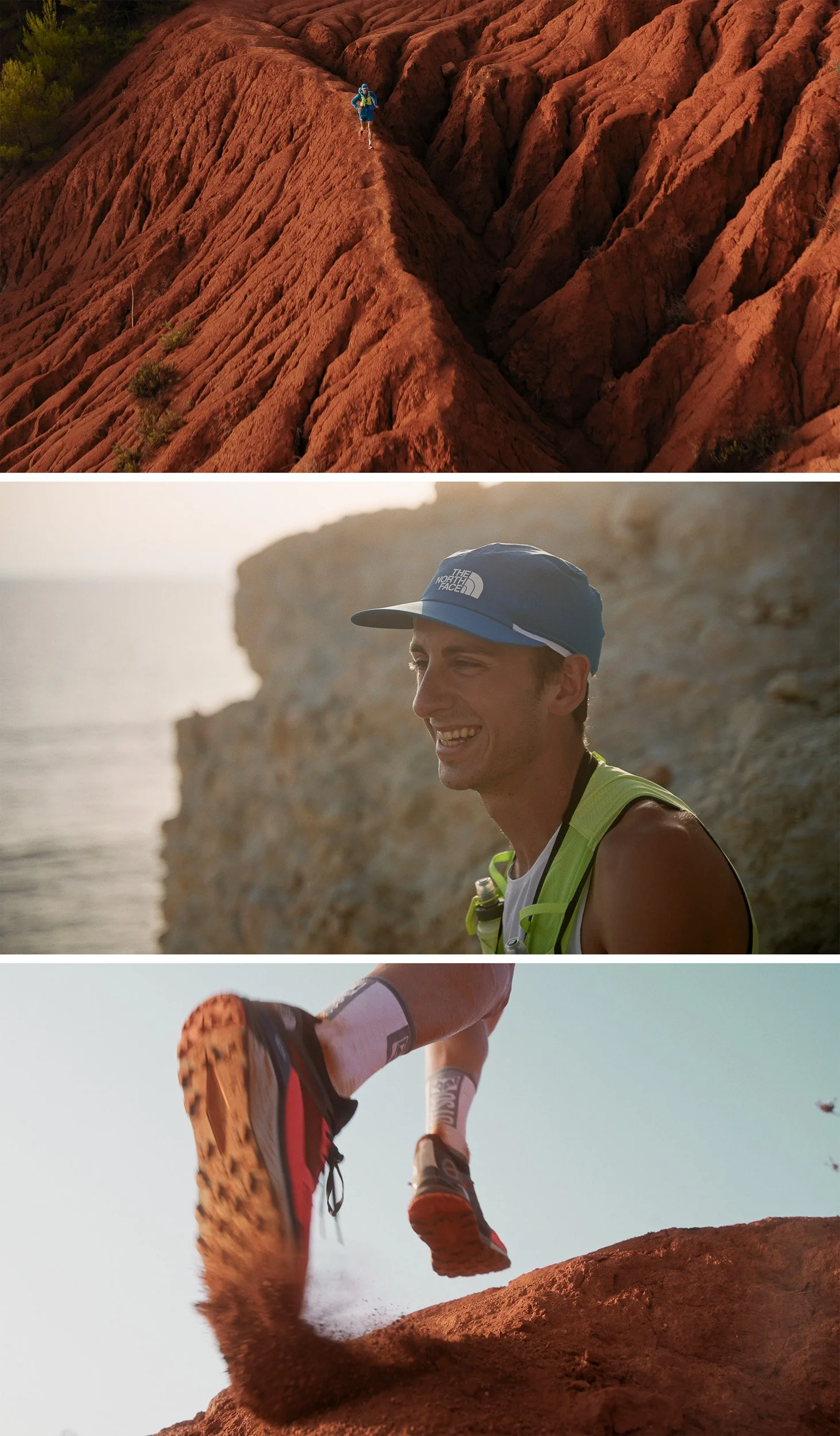 A person running on red rocky terrain, a smiling man in outdoor gear standing next to a rocky cliff, and close-up of running shoes kicking up dust on a dirt trail.