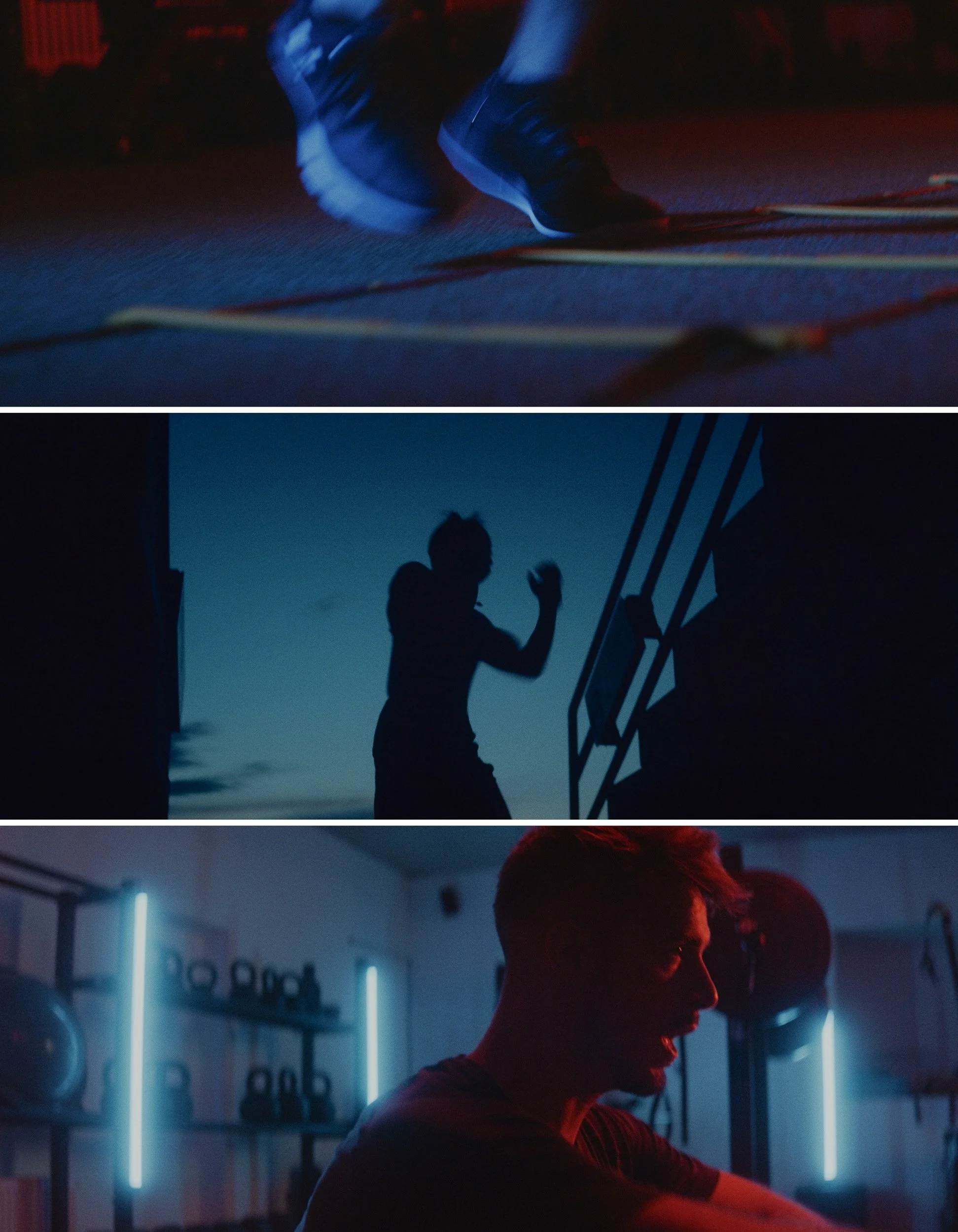 Three images showing people engaged in fitness activities at night or in a dimly lit environment.