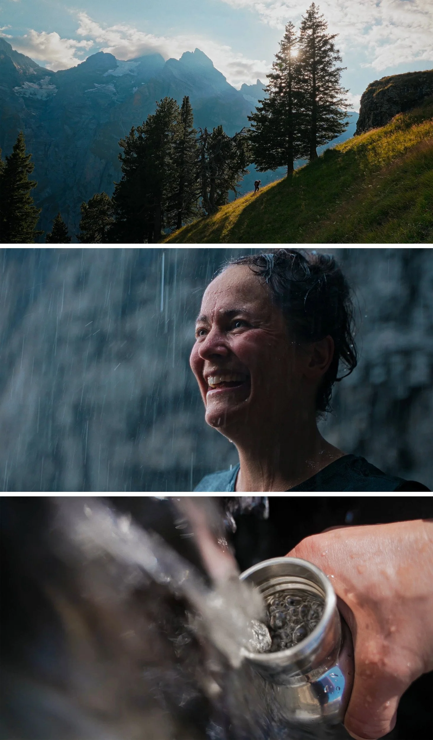 Three images. The first shows a mountain landscape with trees, a hiker, and sunlight peeking through the trees. The second depicts a woman in the rain, smiling. The third shows a hand holding a stainless steel water bottle with water pouring out.