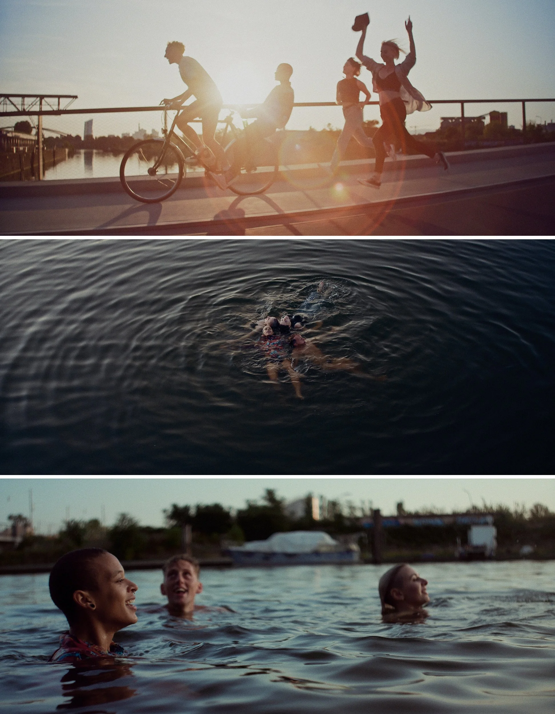 Three separate scenes: People biking and walking on a bridge at sunset, a person swimming in dark water, and three people smiling and relaxing in a body of water.