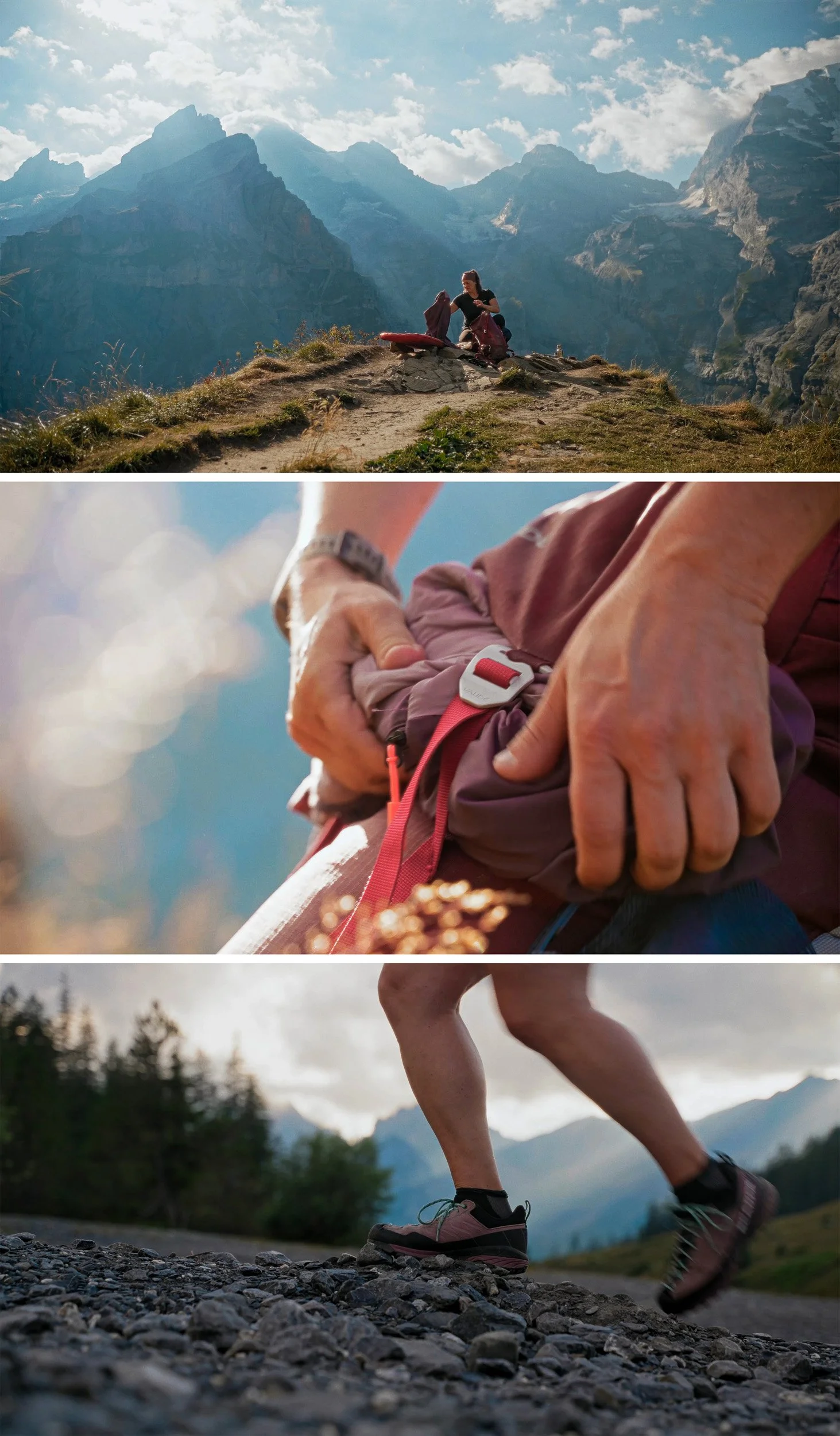 A person preparing for a hike on a trail in the mountains. The person is fastening a strap on their hiking gear, with a mountain landscape in the background.