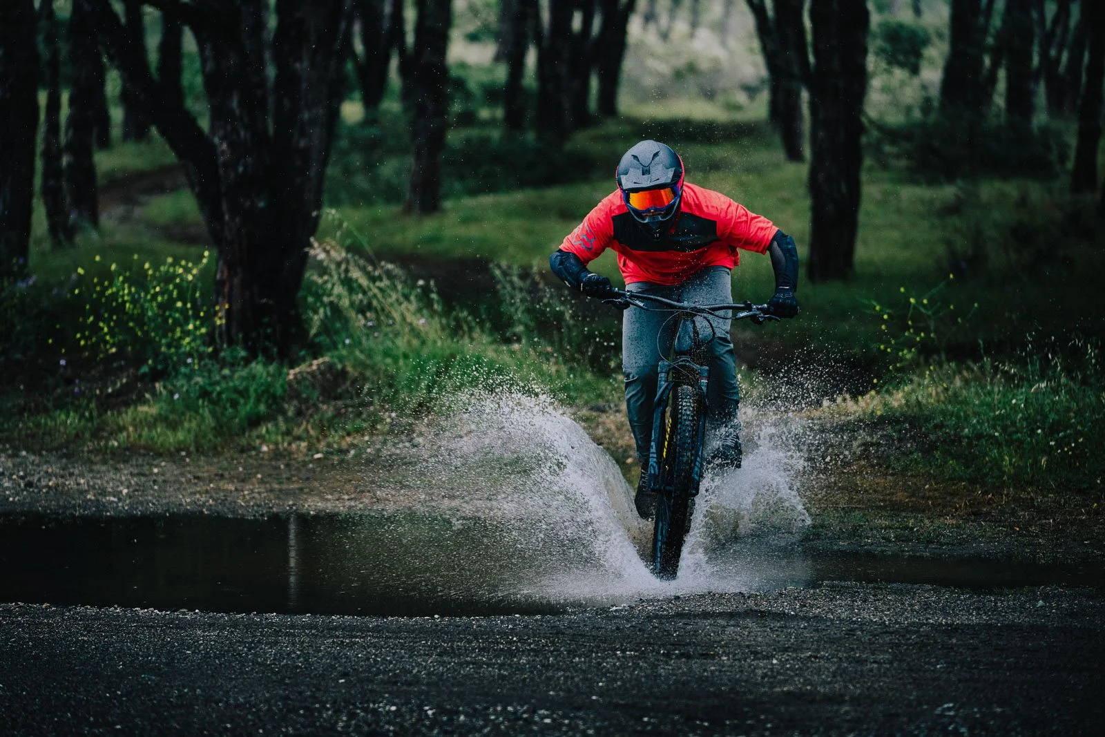 A person wearing a helmet and a red and black jacket riding a mountain bike through a water puddle on a trail in a forested area.