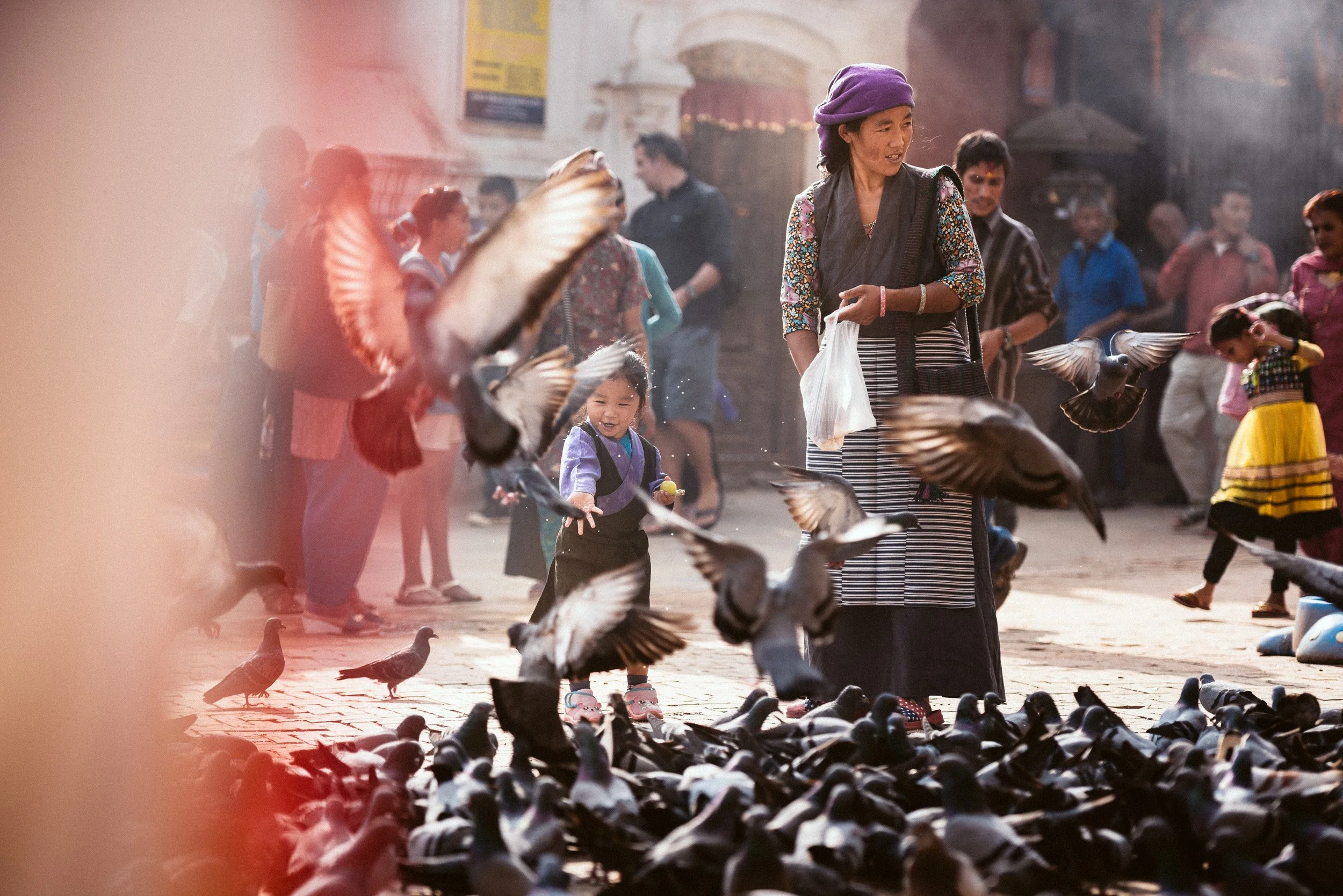 A busy outdoor scene with people feeding and watching pigeons, including children and an older woman, in a lively marketplace or square.