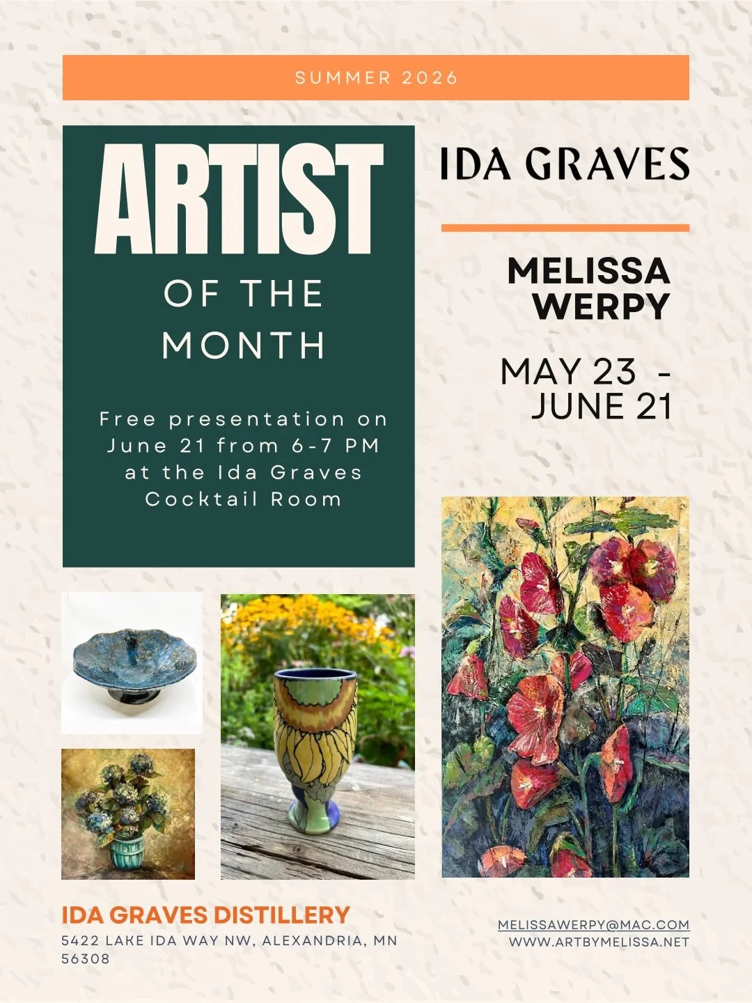We are honored to showcase the beautiful paintings and pottery of Melissa Werpy inside our distillery, in the first of multiple showcase collaborations with @alexartguild this summer. This exhibit is called Paintings and Pottery by Melissa Werpy​​​​​