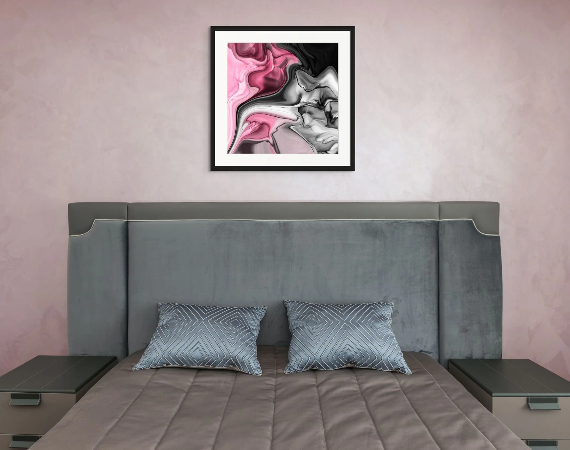 Pink and black abstract wall art hanging above a bed in a chic modern bedroom with minimalist contemporary decor.