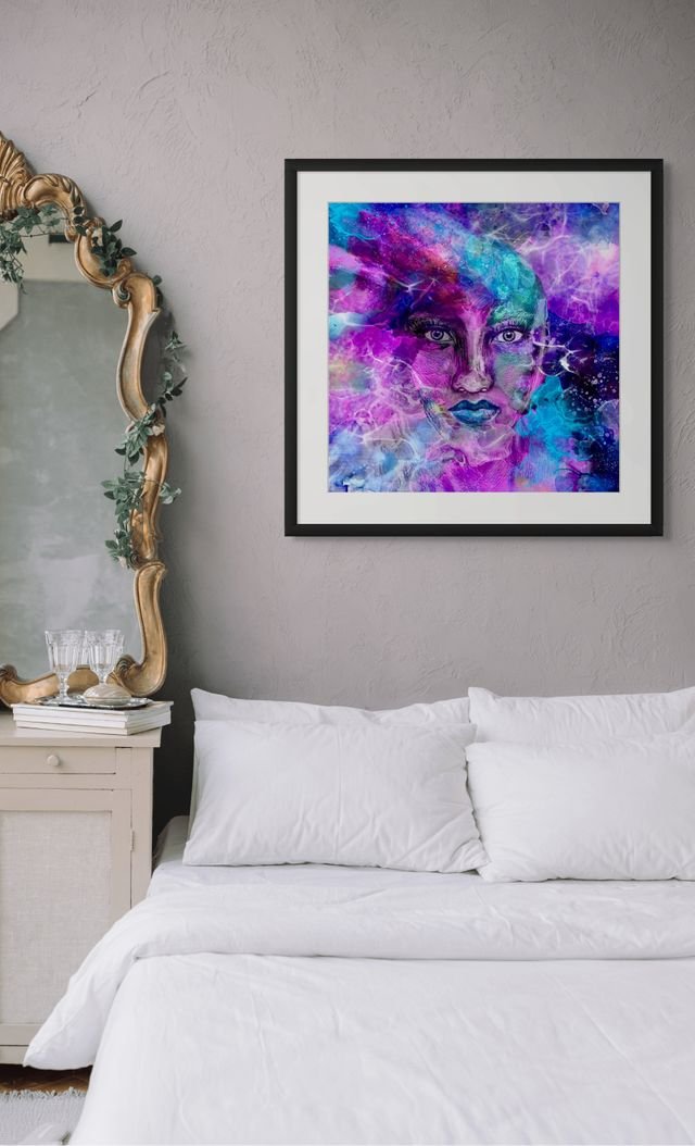 Purple cosmic feminine portrait wall art hanging above a bed in a modern bedroom with dreamy abstract textures and celestial home decor styling.