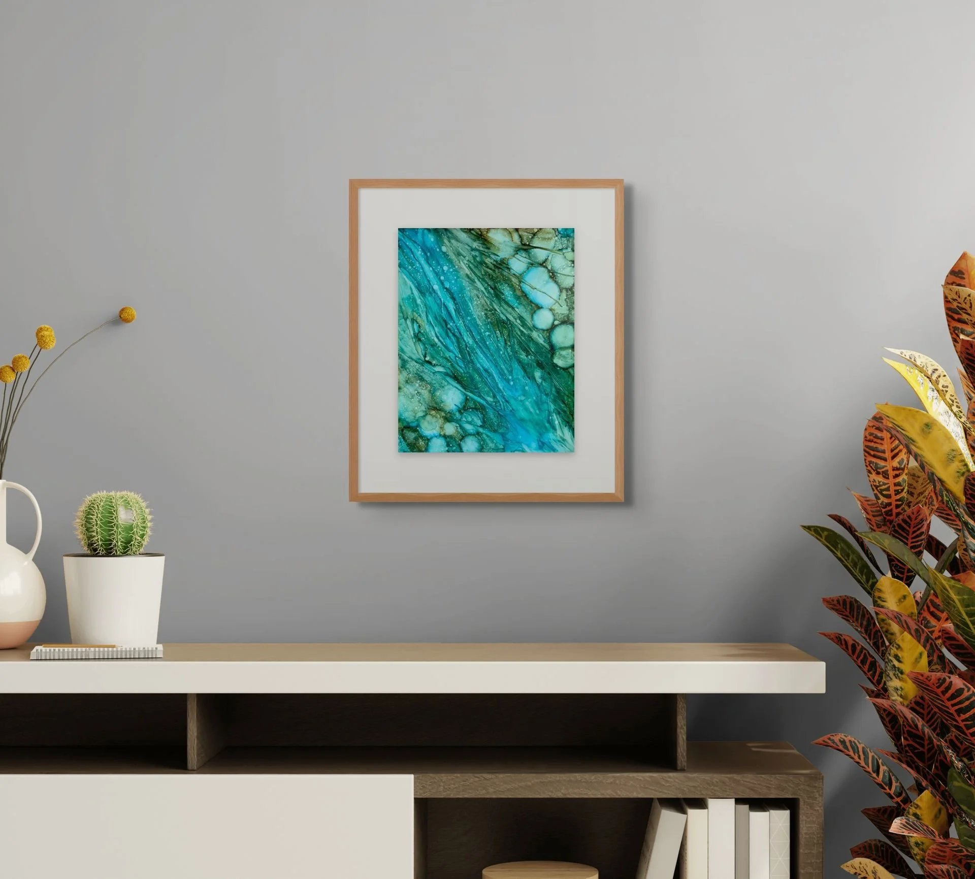 Stream of Life turquoise emerald coastal abstract fine art print in natural wood frame beach house wall art by Nadeane Friend
