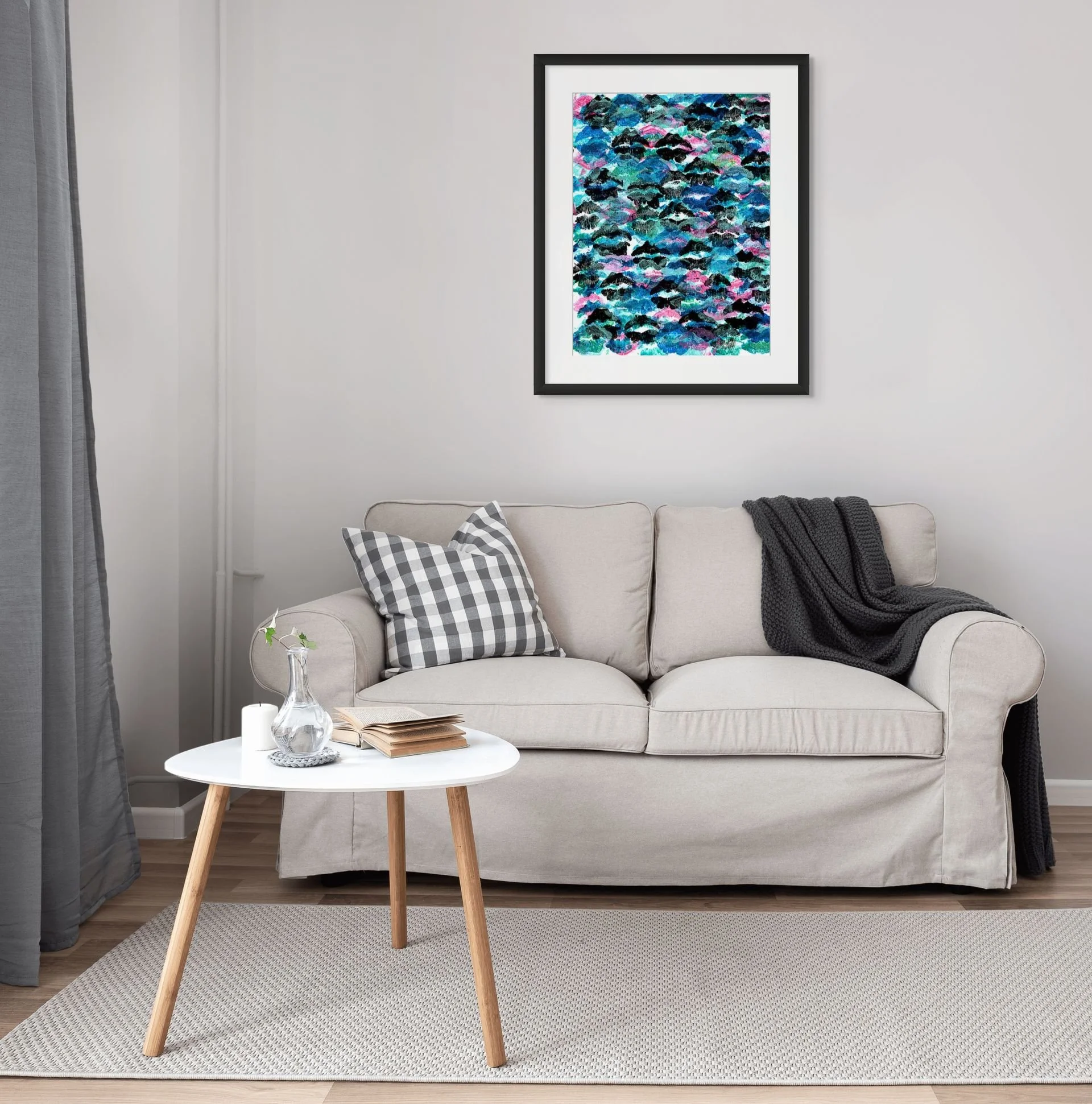 Blue and pink abstract lips wall art displayed in a modern living room with bold contemporary feminine decor and expressive textures.