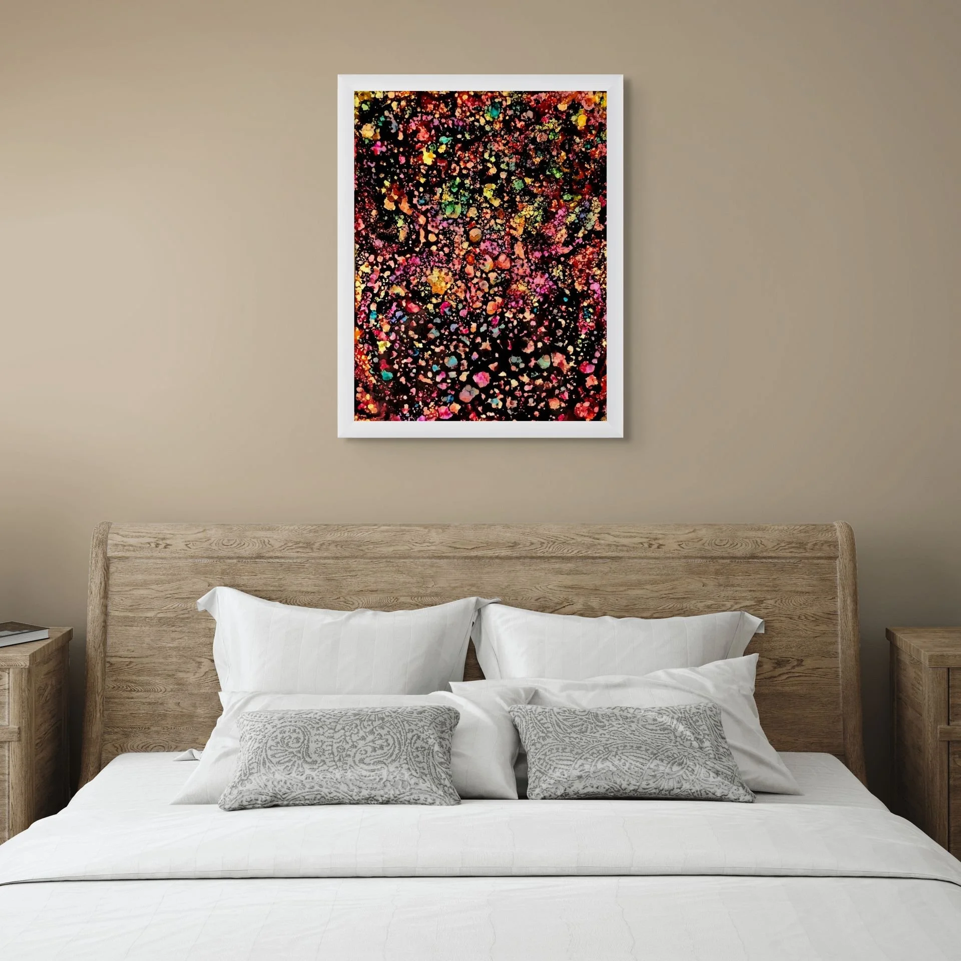 Expressive abstract art print hung as a statement piece above a bed in a master bedroom.