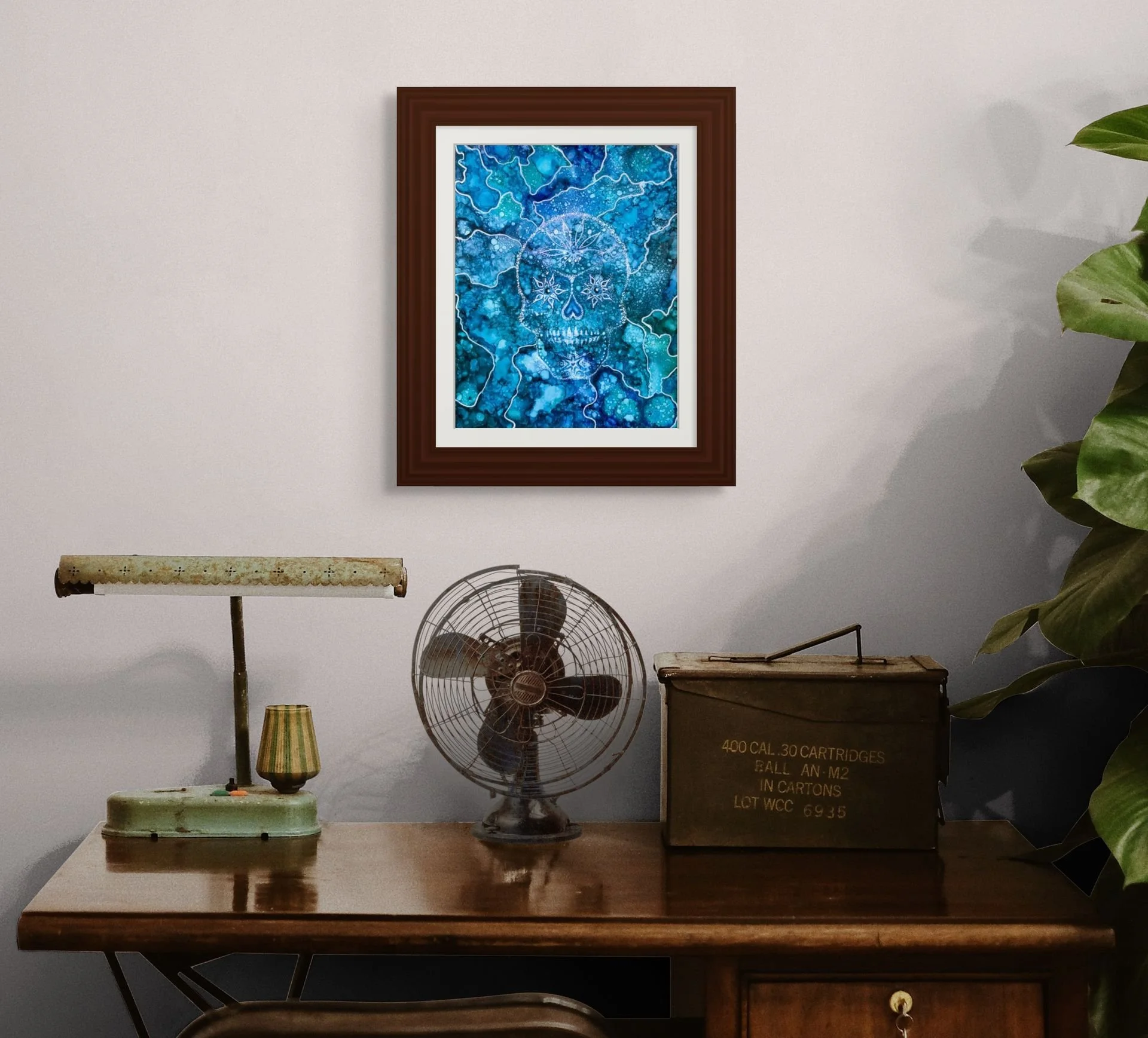 Sacred Skull 11x 14 sugar skull alcohol ink print in dark wood frame bohemian eclectic wall art turquoise and indigo by Nadeane Friend