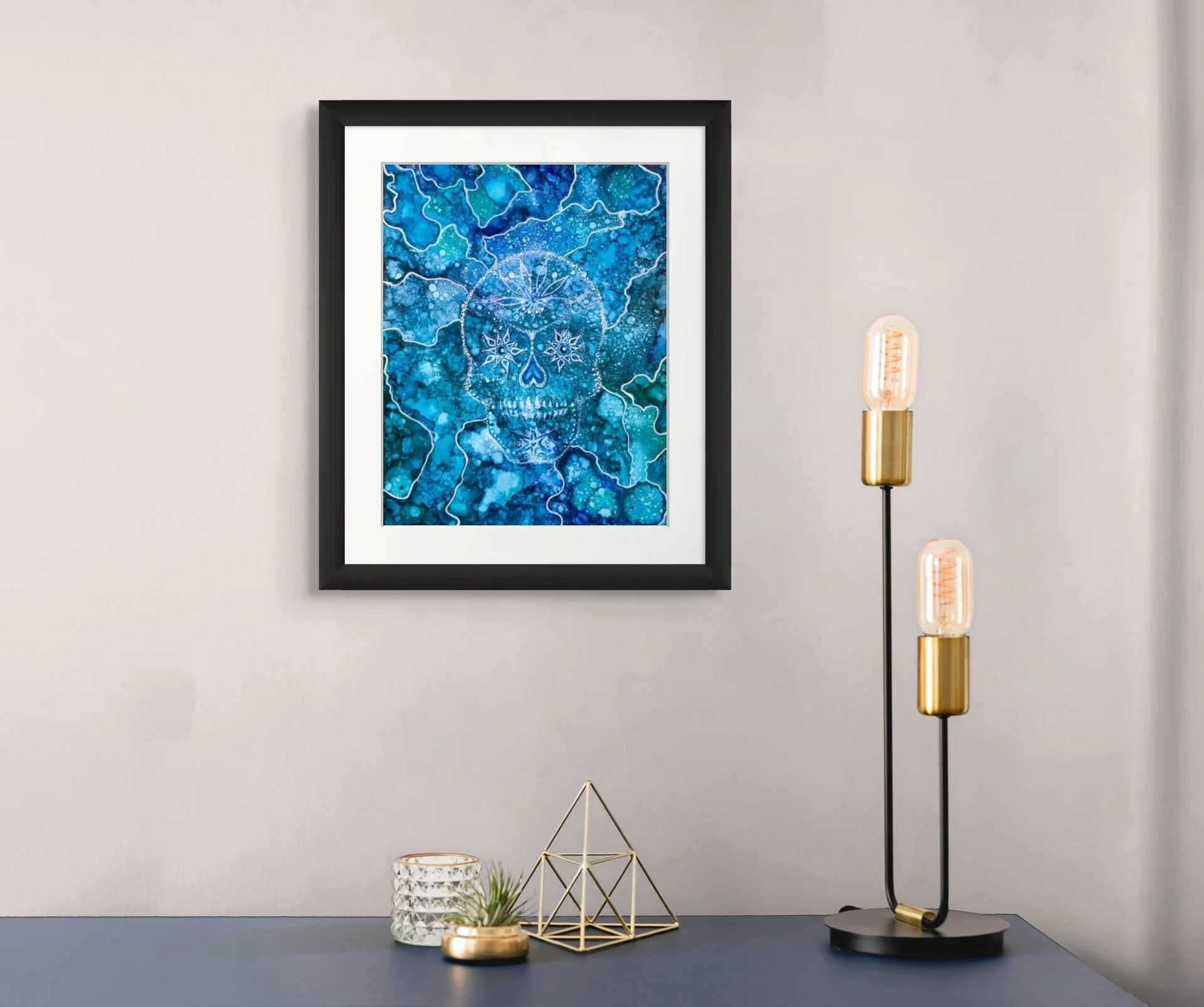 Sacred Skull 11 x 14 abstract alcohol ink fine art print in black frame indigo cobalt sugar skull wall art moody interior decor by Nadeane Friend