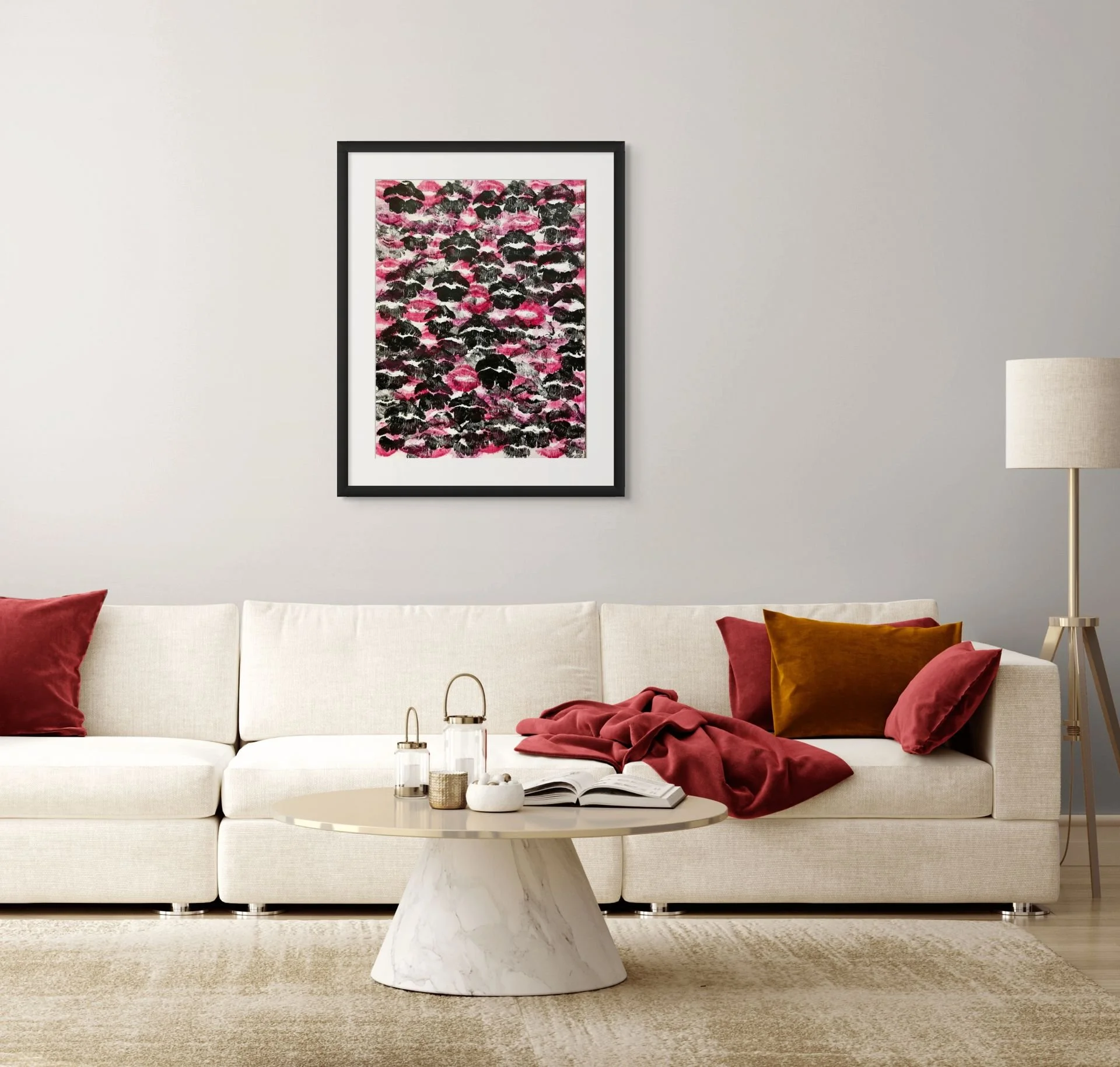 Red and black abstract lips wall art displayed in a modern living room with bold feminine decor and expressive contemporary textures.