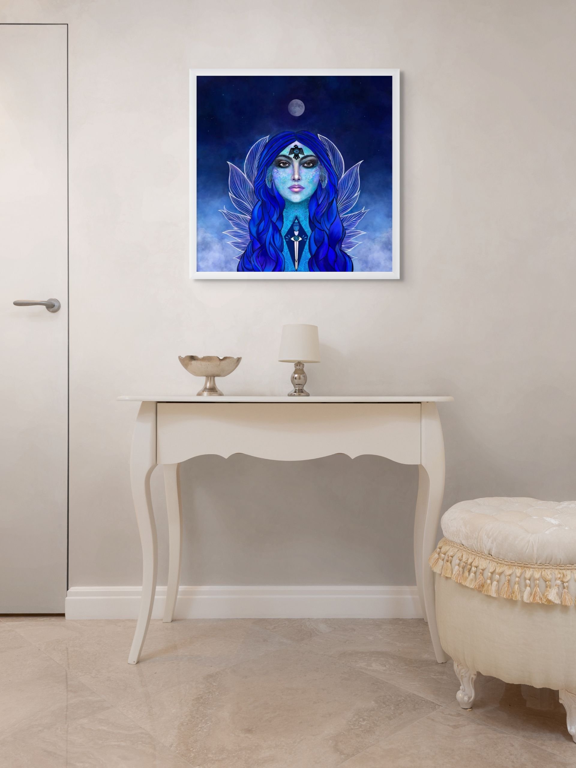 Celestial blue goddess wall art with mystical feminine energy displayed in a contemporary home interior space.