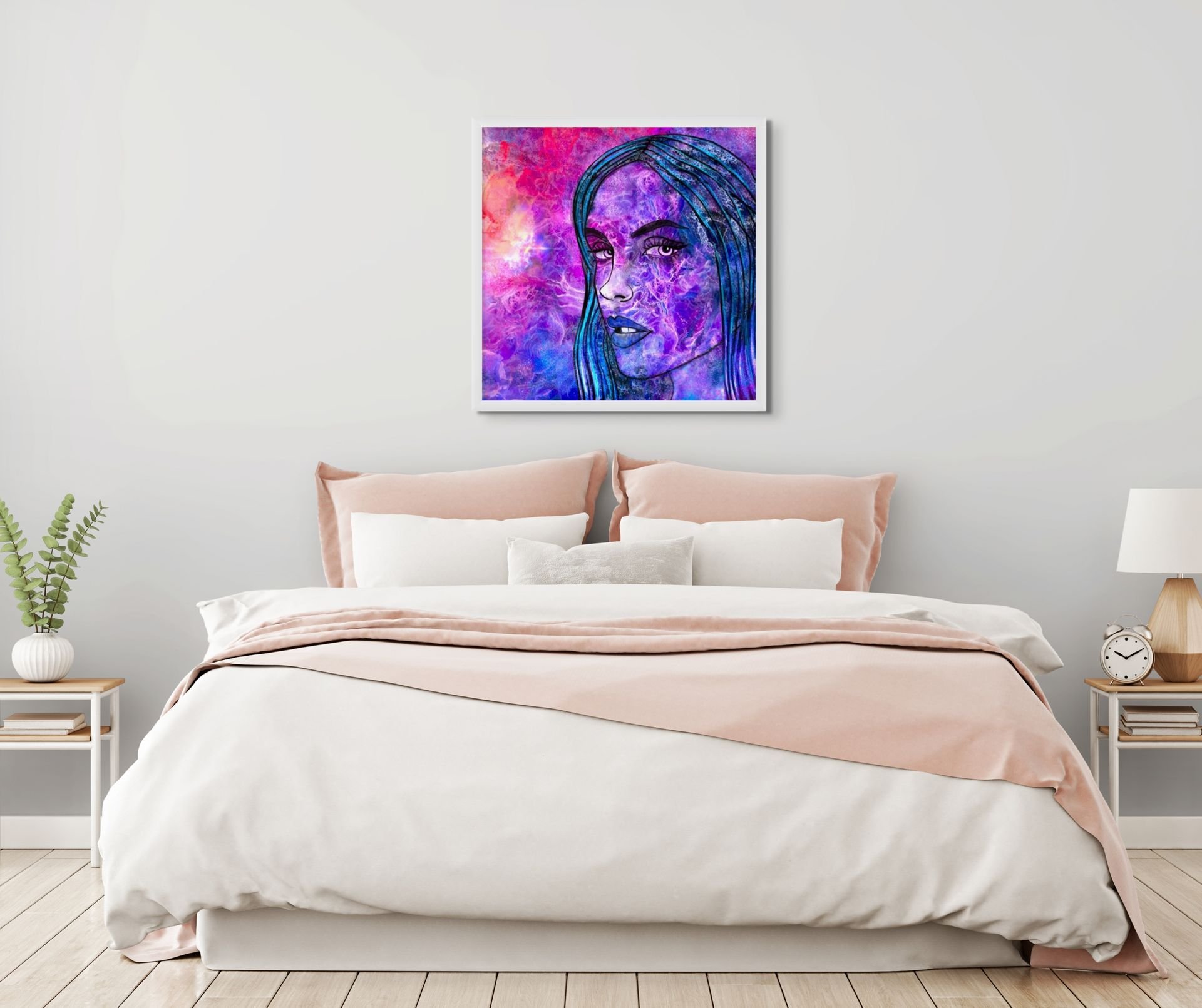 Vibrant purple feminine portrait wall art hanging above a bed in a colorful modern bedroom with cosmic abstract styling.