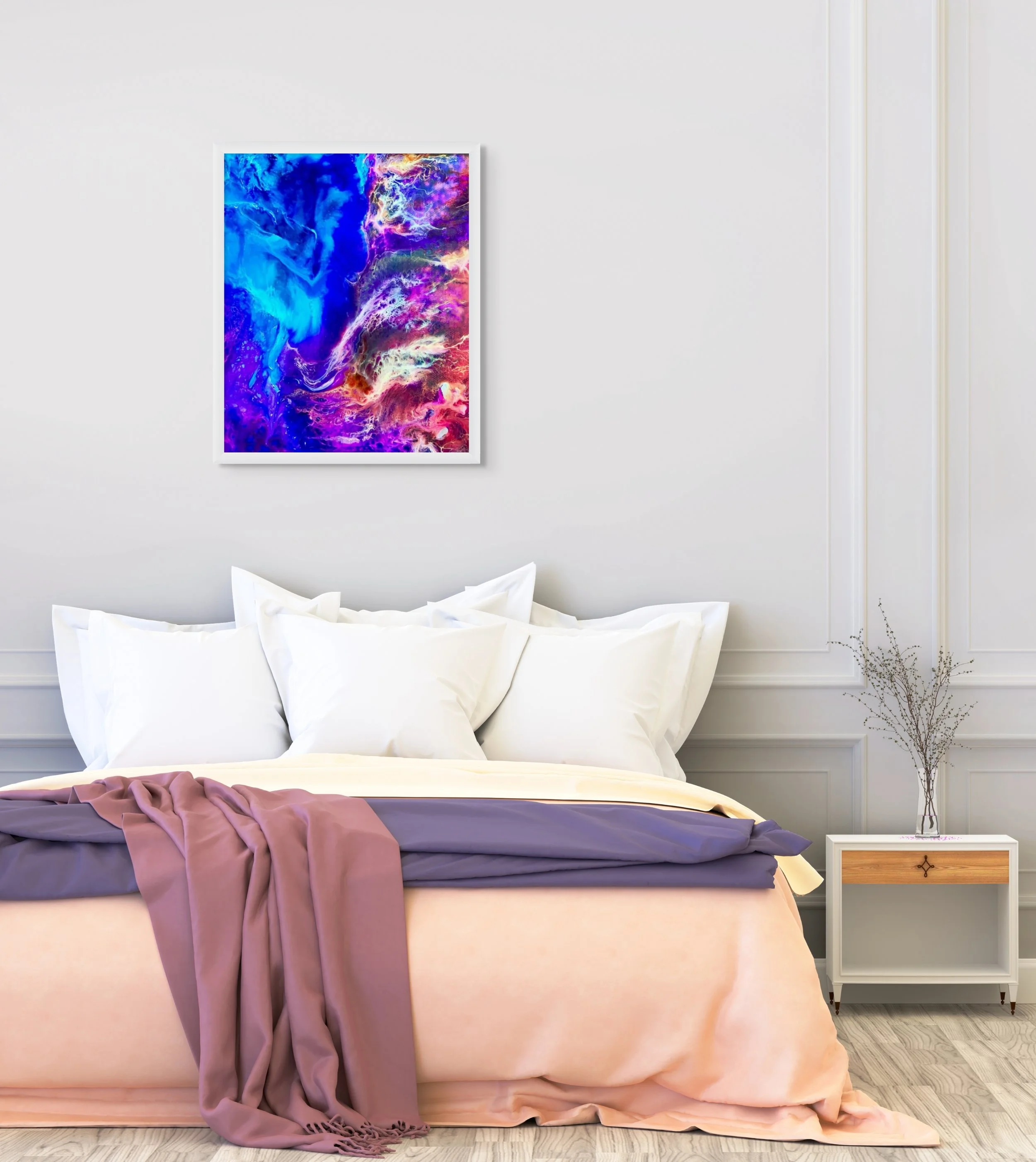 Multicolored wall art hanging above a bed in a modern bedroom with colorful contemporary decor.