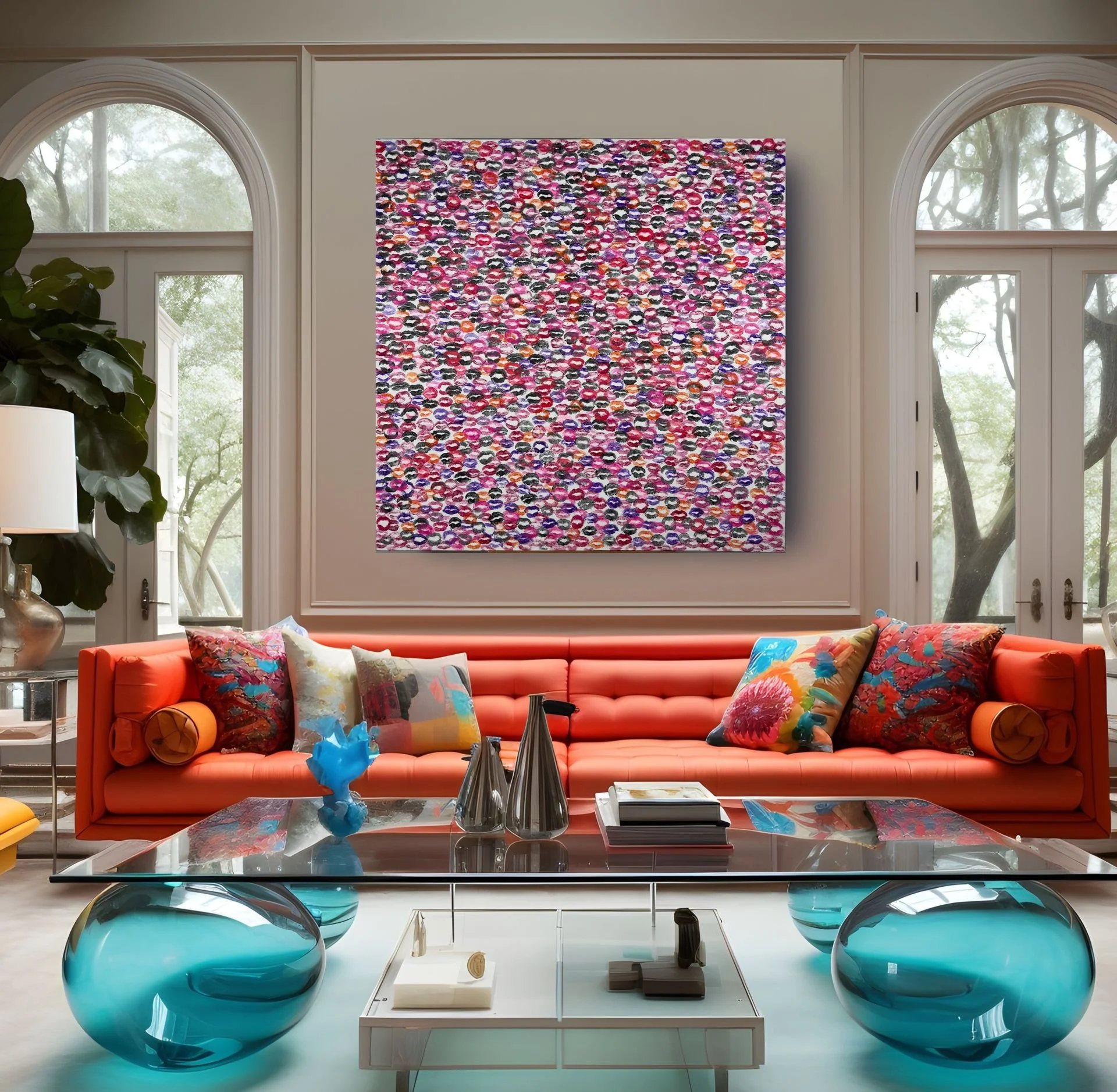 From My Lips to Yours large original lip print canvas displayed above bed in urban living room