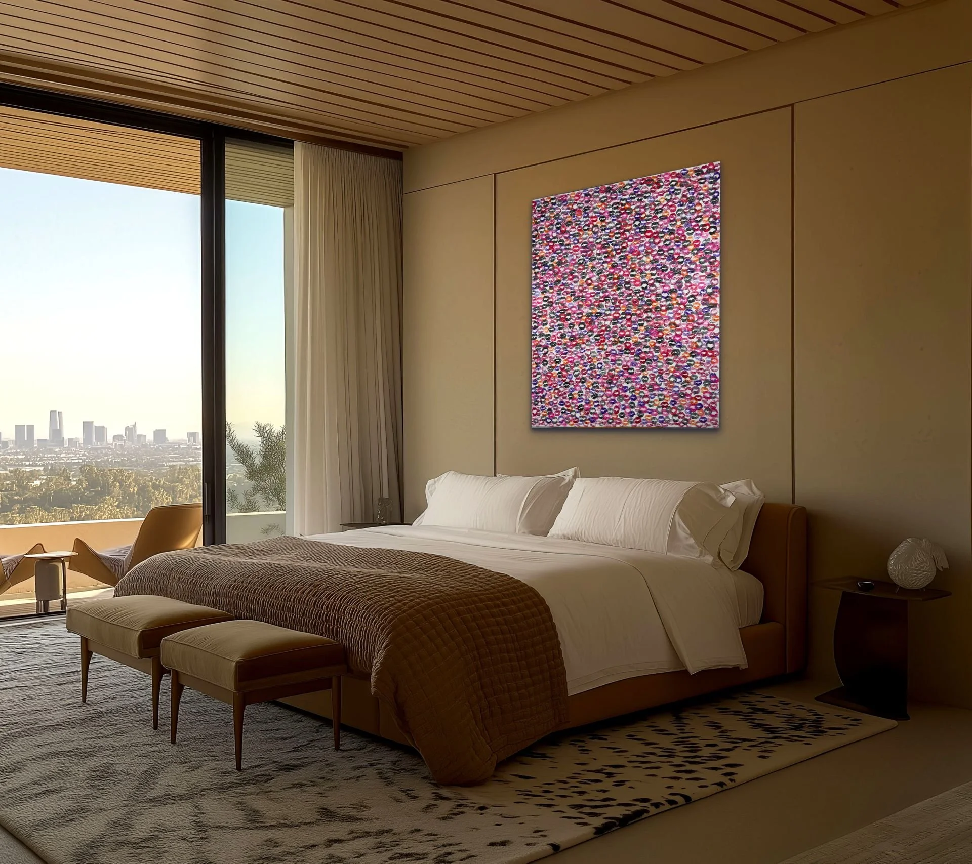 From My Lips to Yours large original lip print canvas displayed above bed in urban bedroom