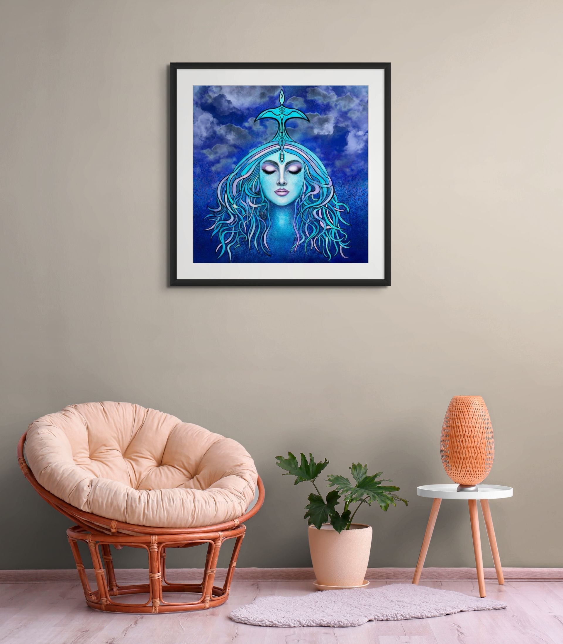 Mystical blue woman portrait wall art with spiritual abstract textures displayed in a modern interior space with contemporary home decor.