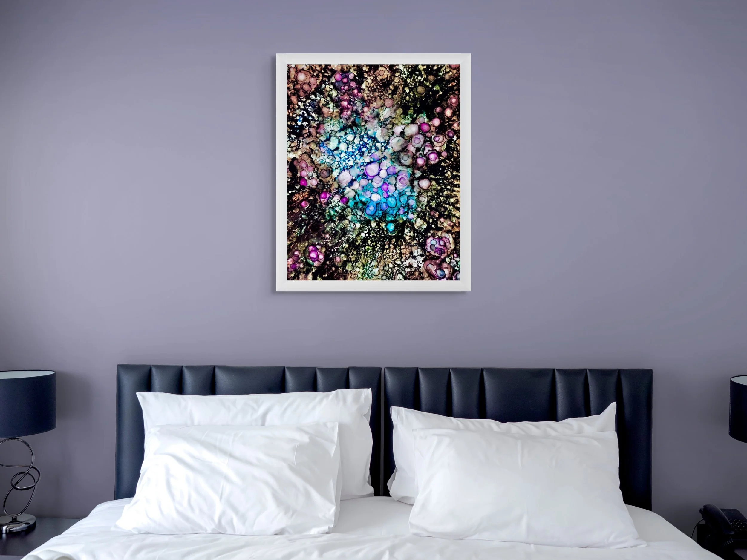 Molecules of Love abstract wall art in white frame above bed in contemporary bedroom