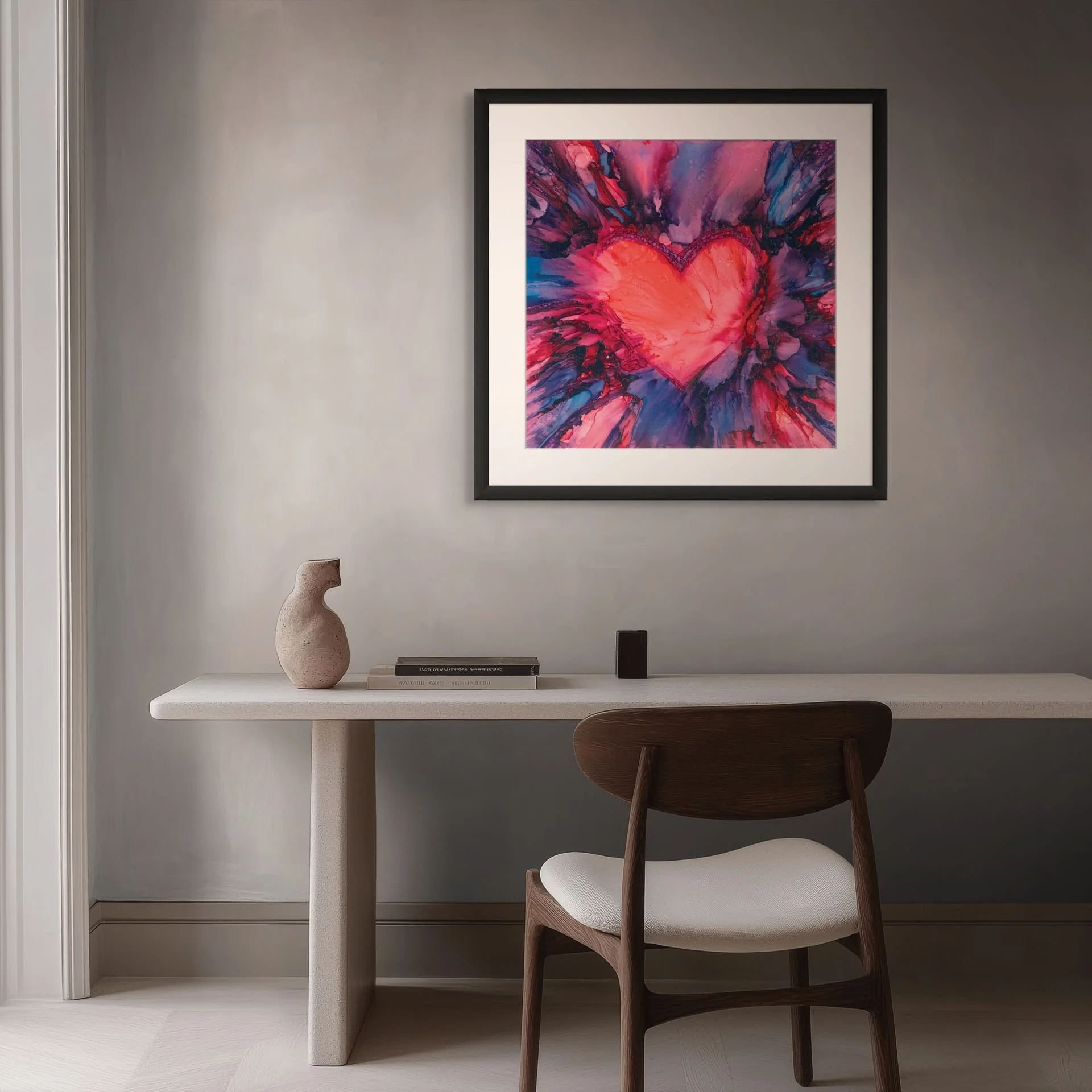 Vibrant pink and red heart abstract wall art displayed in a modern contemporary interior space.