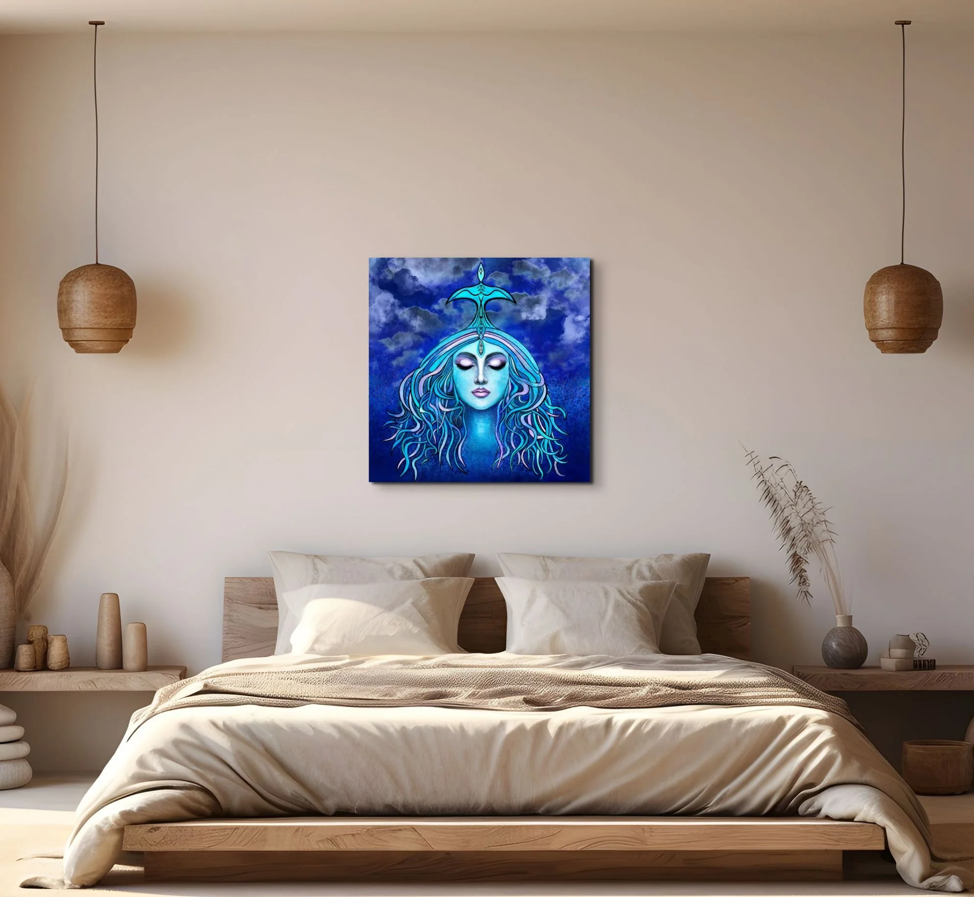 Celestial feminine portrait wall art hanging above a bed in a modern bedroom with mystical blue tones and peaceful abstract decor.
