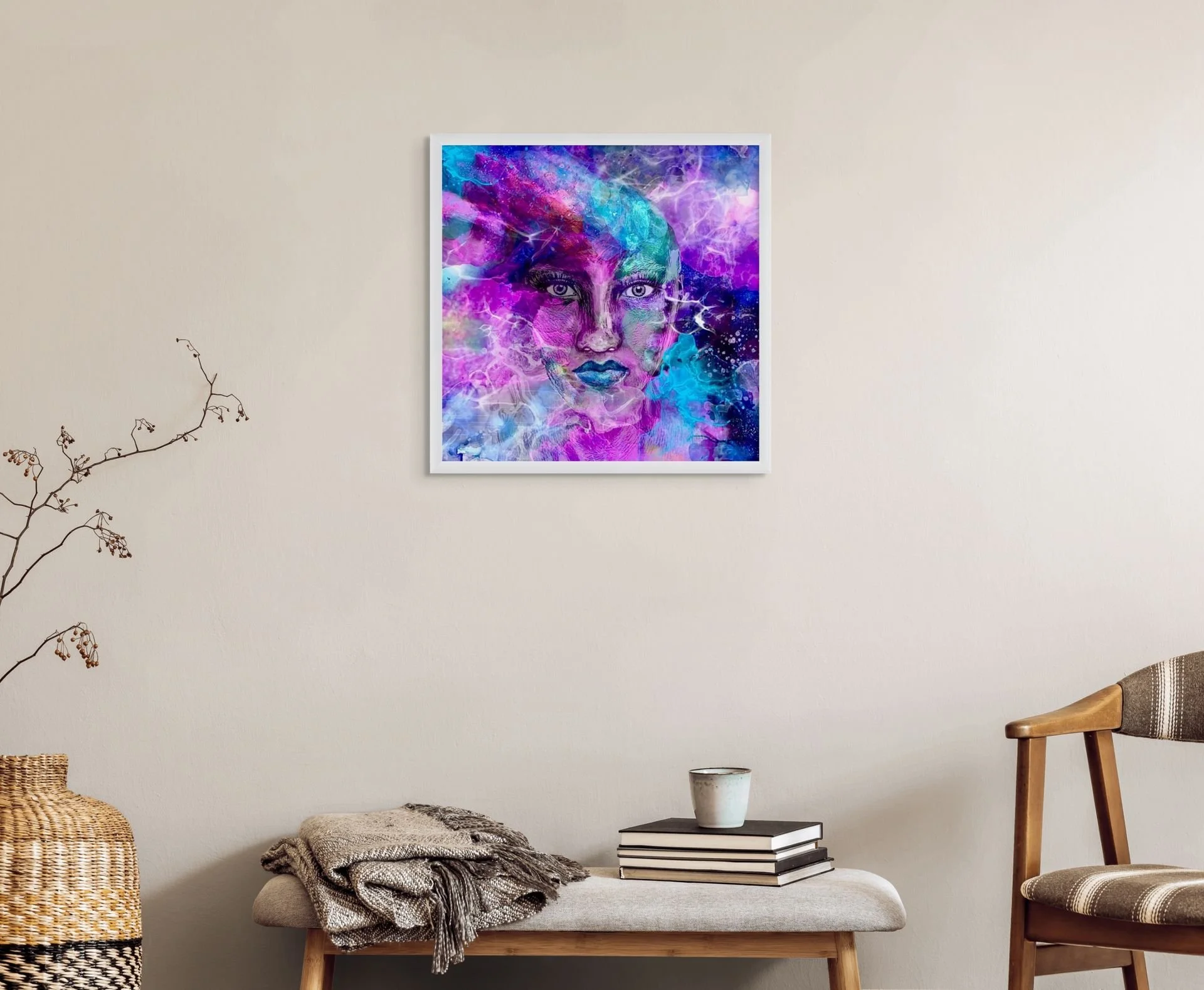 Vibrant purple and blue abstract woman wall art with mystical, celestial textures, displayed in a modern home interior for colorful, contemporary decor.