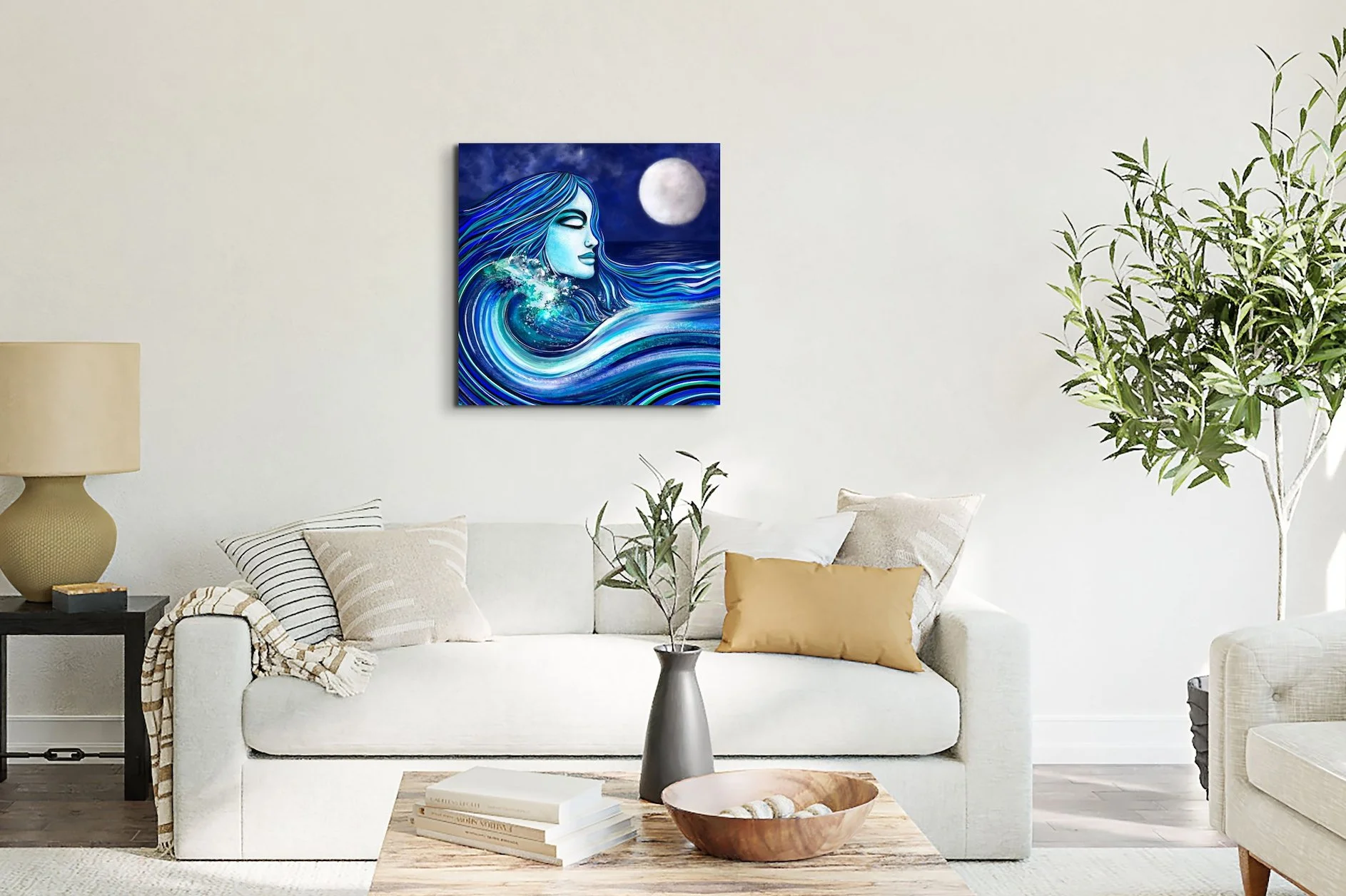 Blue mermaid coastal wall art displayed in a modern living room with flowing ocean wave textures and beach house decor styling.